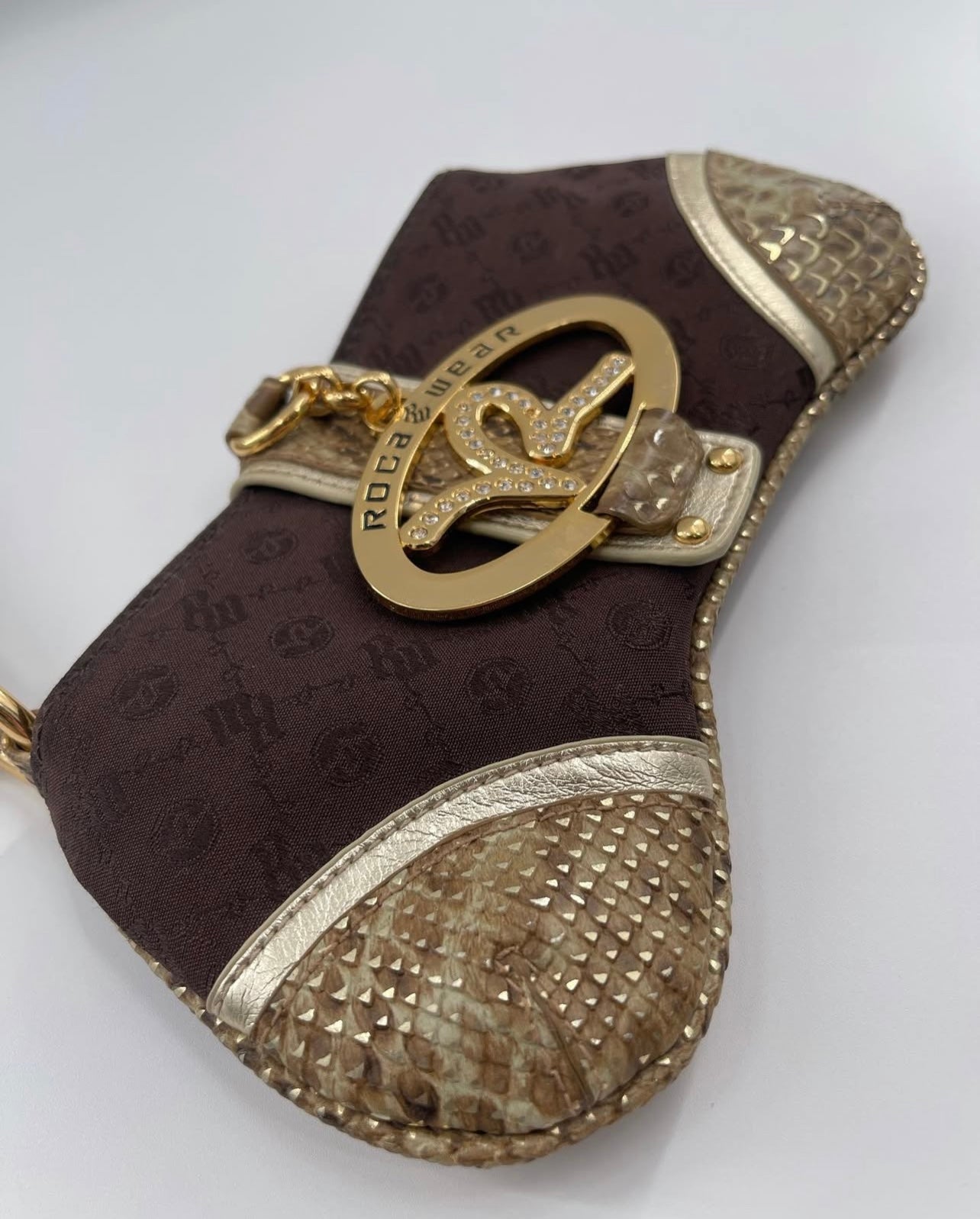 Vintage RocaWear Clutch Pouch with Monogram Brown Fabric, Large Branded Gold Hardware Closure and Snake Textured Details