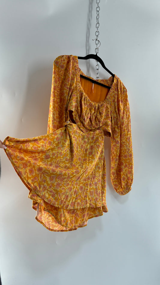 Free People Yellow Cut Out Golden Florals Dress with Ruched Bust and Balloon Sleeves Worn (XS)