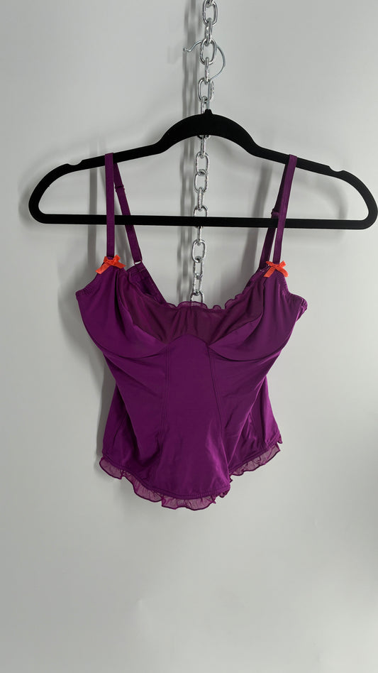 Vintage 1990s Purple Underwire Camisole Top with Sheer Ruffled Trim and Contrast Bow (Small)