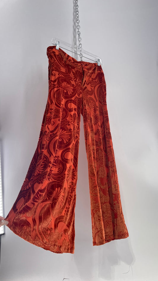 Urban Outfitters Burnt Orange Flares with Velvet Paisley Pattern (12)