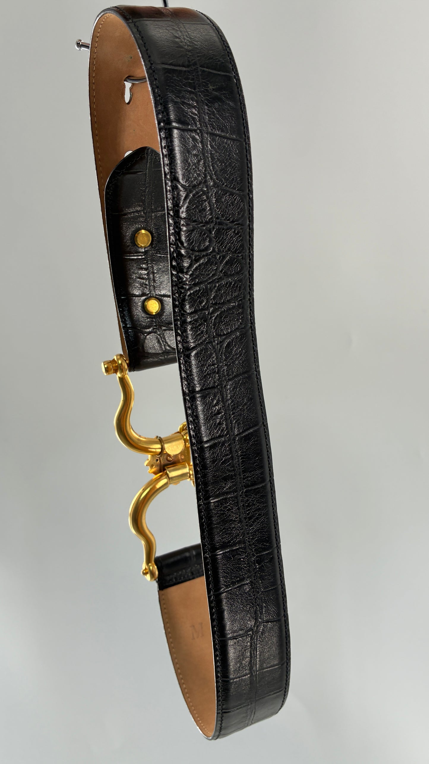 Vintage WCM New York Genuine Calfskin Belt with Golden Sculptural Horse Head Door-Knocker Buckle and Chain Detail  (Medium)