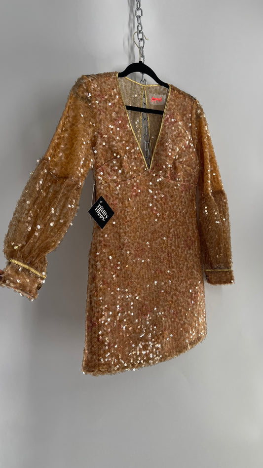Free People Tapestry Underlay and Gold Sequin Overlay A-Line Mini Dress with Bubble Sleeves
 (2)
