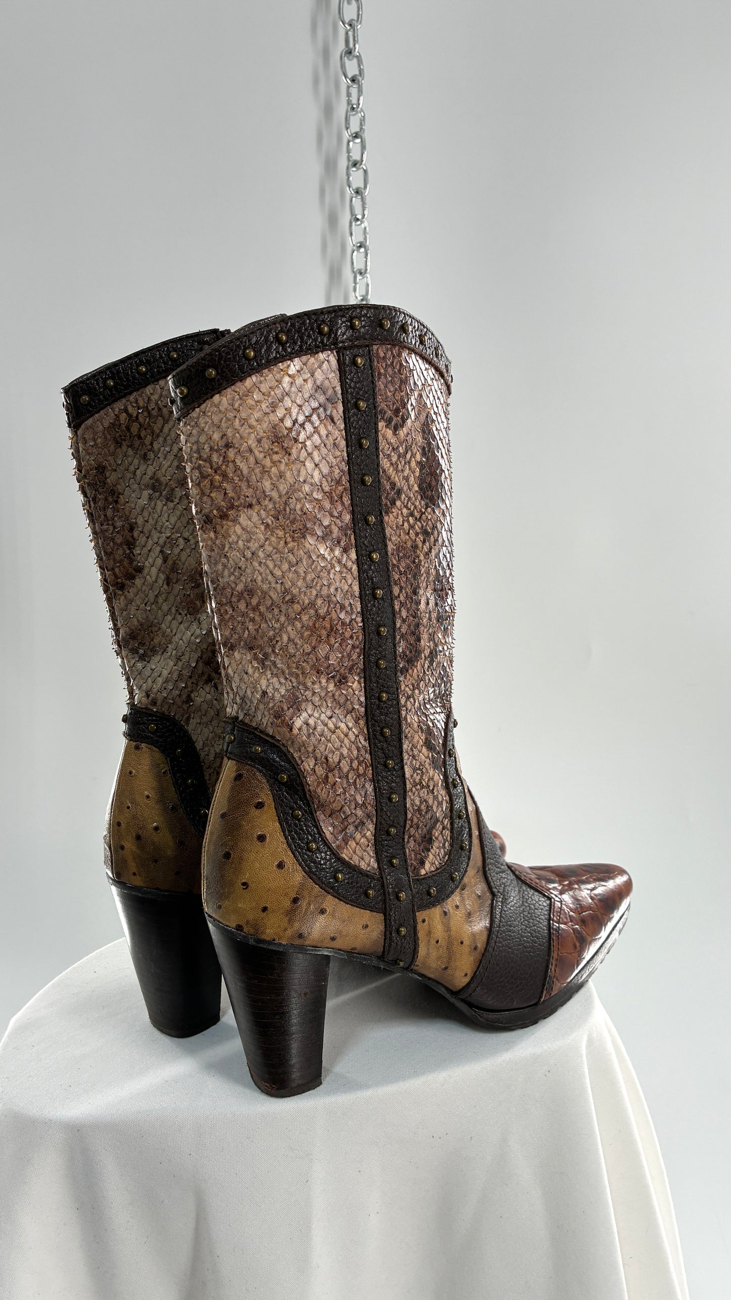 Vintage STUART WEITZMAN Stampede Boots Ft Snake, Crocodile and Ostrich Embossed Leather (8.5)