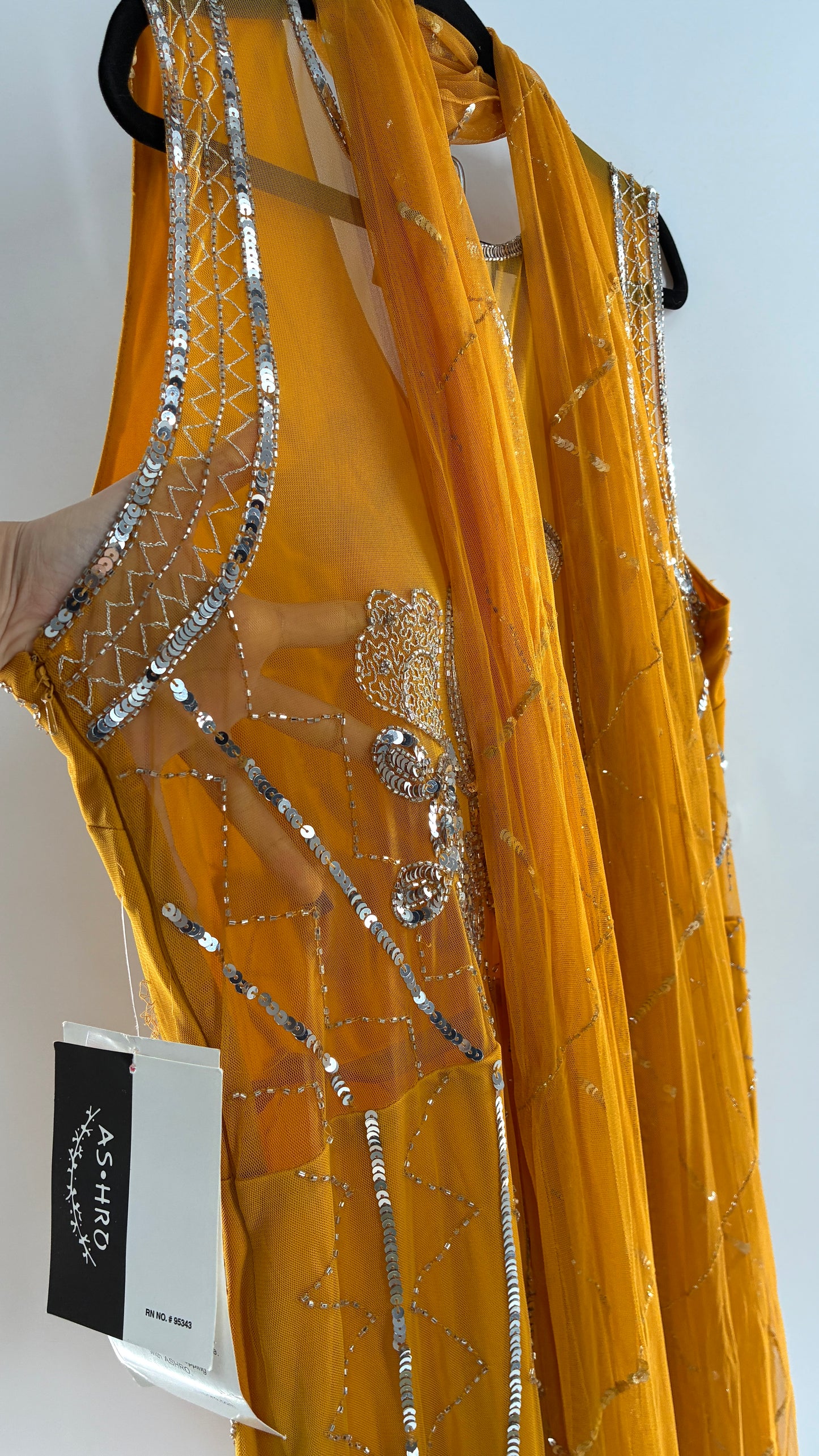 Deadstock Vintage ASHRO 1990s Mustard Yellow Dress with Sheer Back, Neck Scarf and Silver Beading (XXL)
