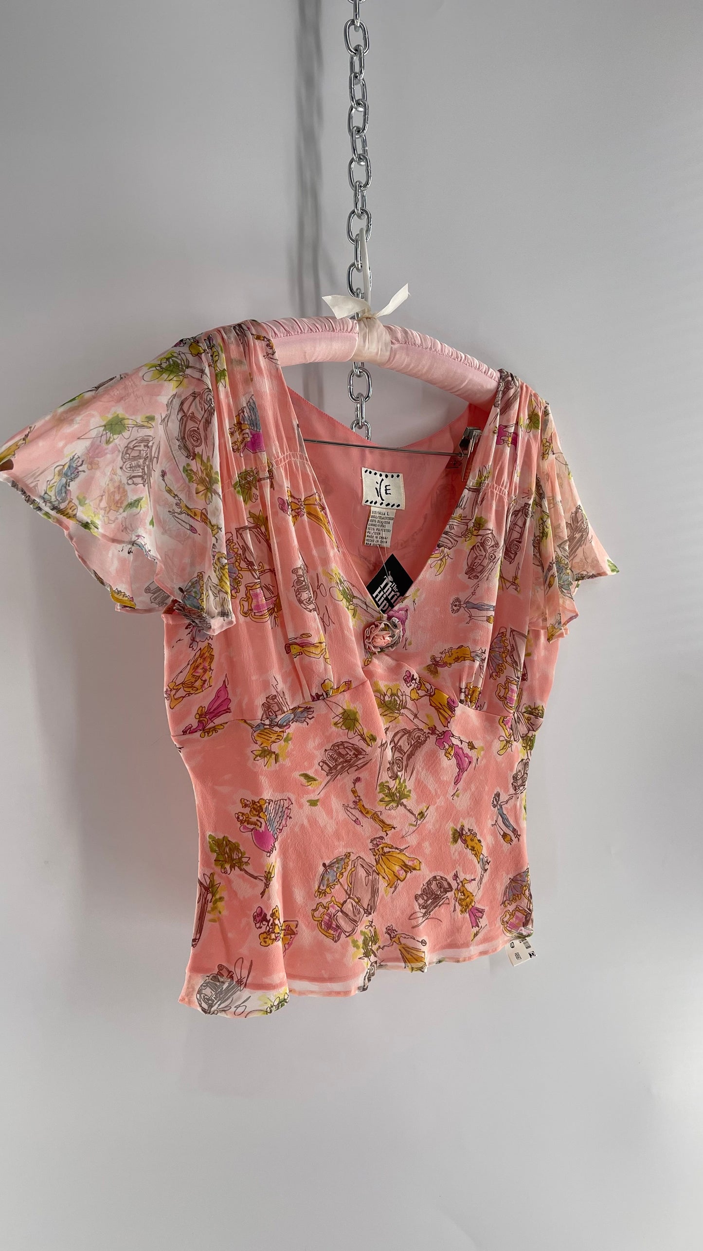 Vintage 1990s RARE i(E Femme Sketch 100% Silk Pink Blouse with Rosette Bust Detail (Large)