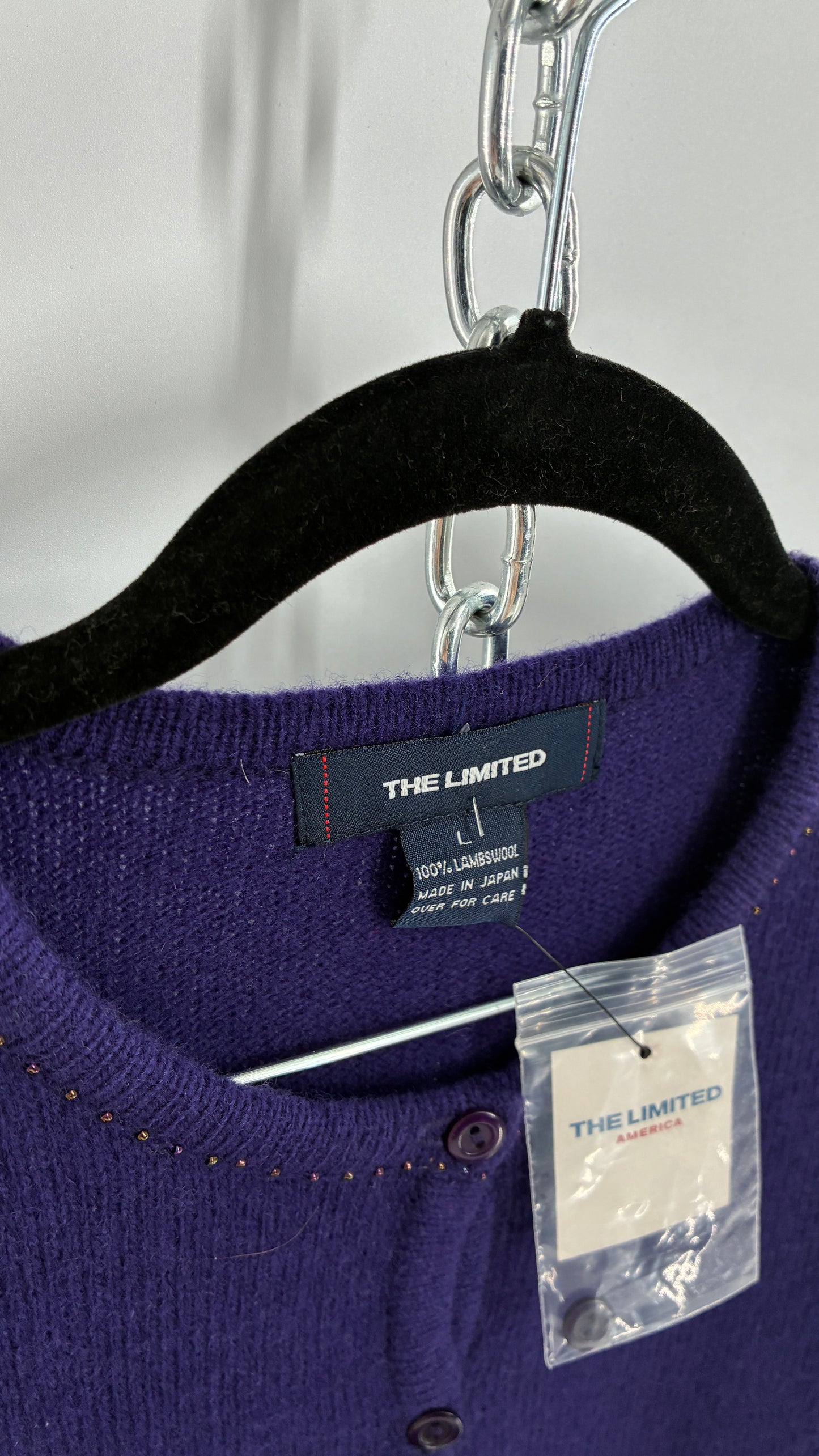 Deadstock Vintage THE LIMITED Japanese 100% Lambswool Purple Cardigan and Plaid Mini Skirt Set (L,10)