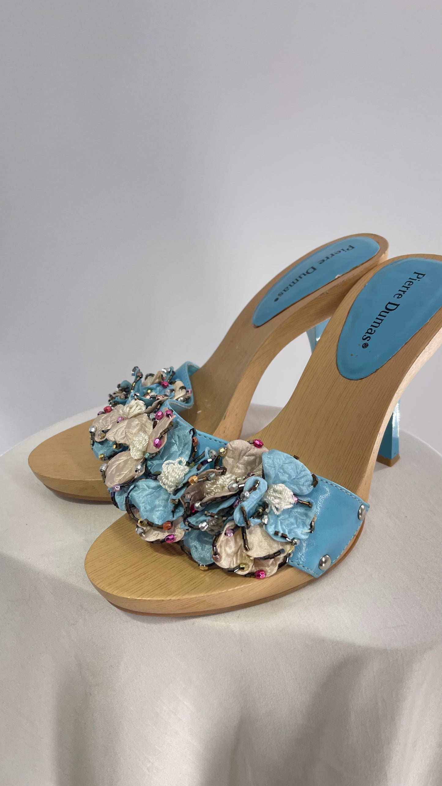 Pierre Dumas Baby Blue Wooden Heel with Beaded Floral Appliqués (9)