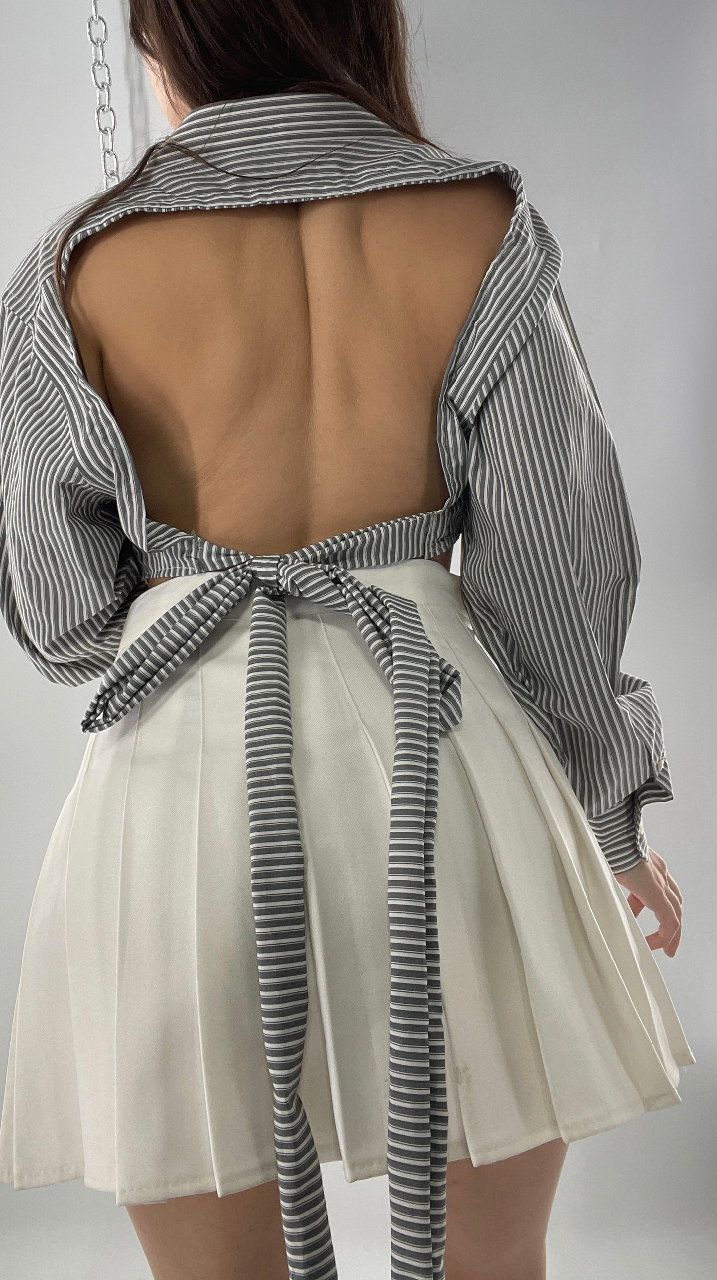 Vintage Reworked Button Front Backless Grey Blue Striped Blouse (One Size)
