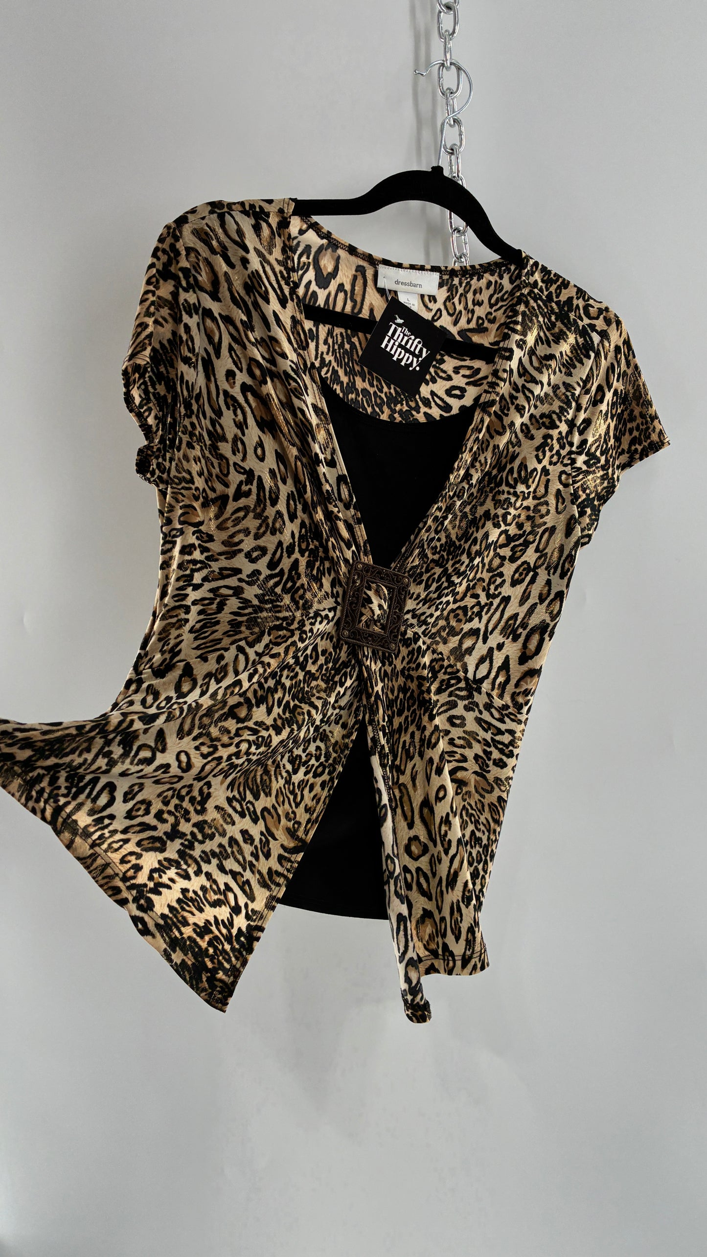 Vintage DRESS BARN Cheetah Patterned Metallic Sheen Belted Blouse with Buckle Detail (Large)