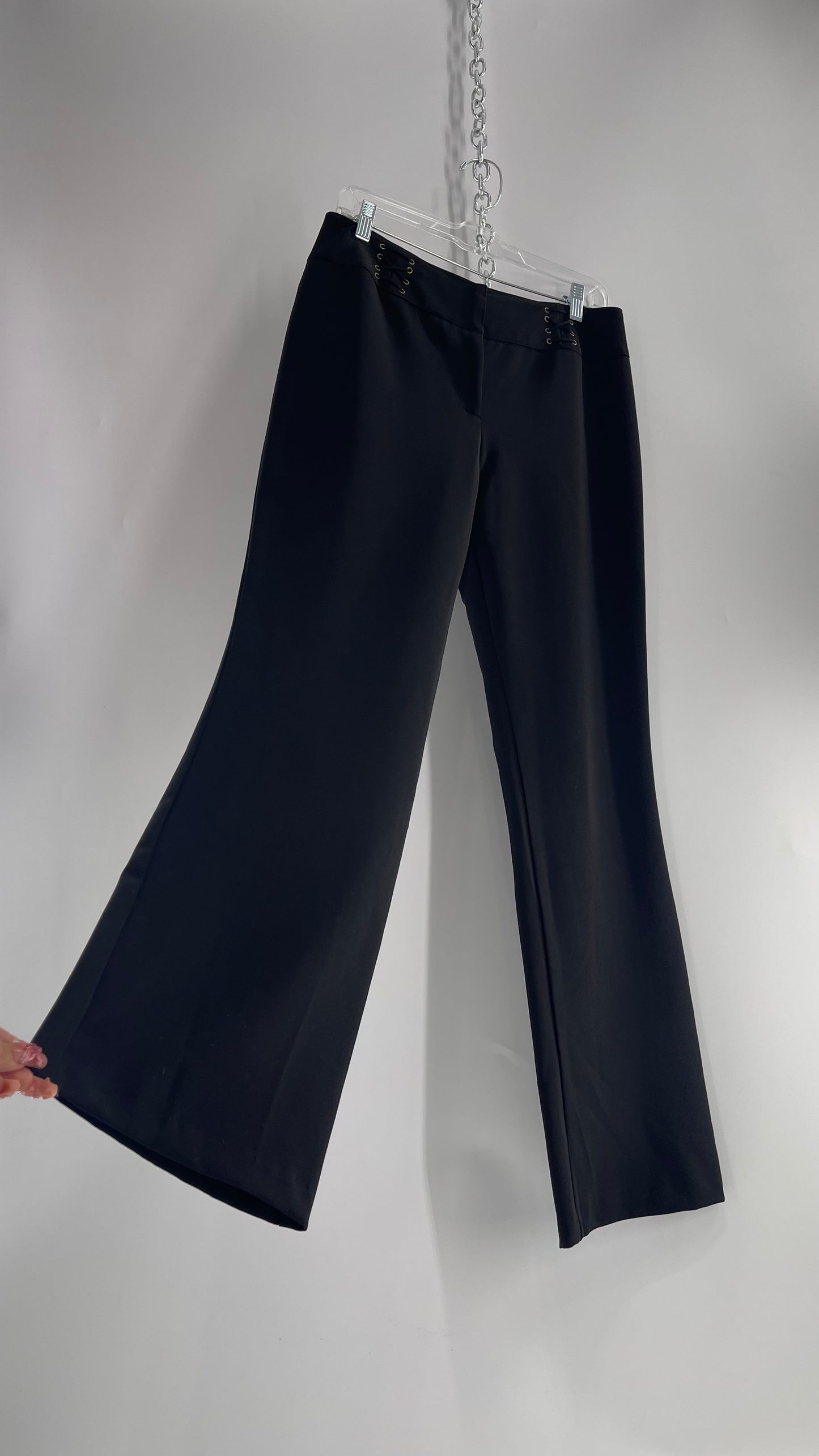 Vintage BARANDA 1990s Black Kick Flare Trousers with Lace Up Waist Details (10)