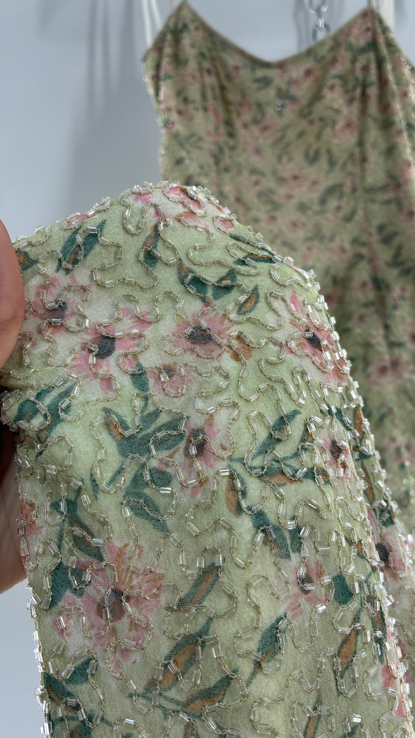 Deadstock Vintage Sage Green Beaded Floral Gown with Open Back, Built in Bust Padding, and Tags Attached (XL)