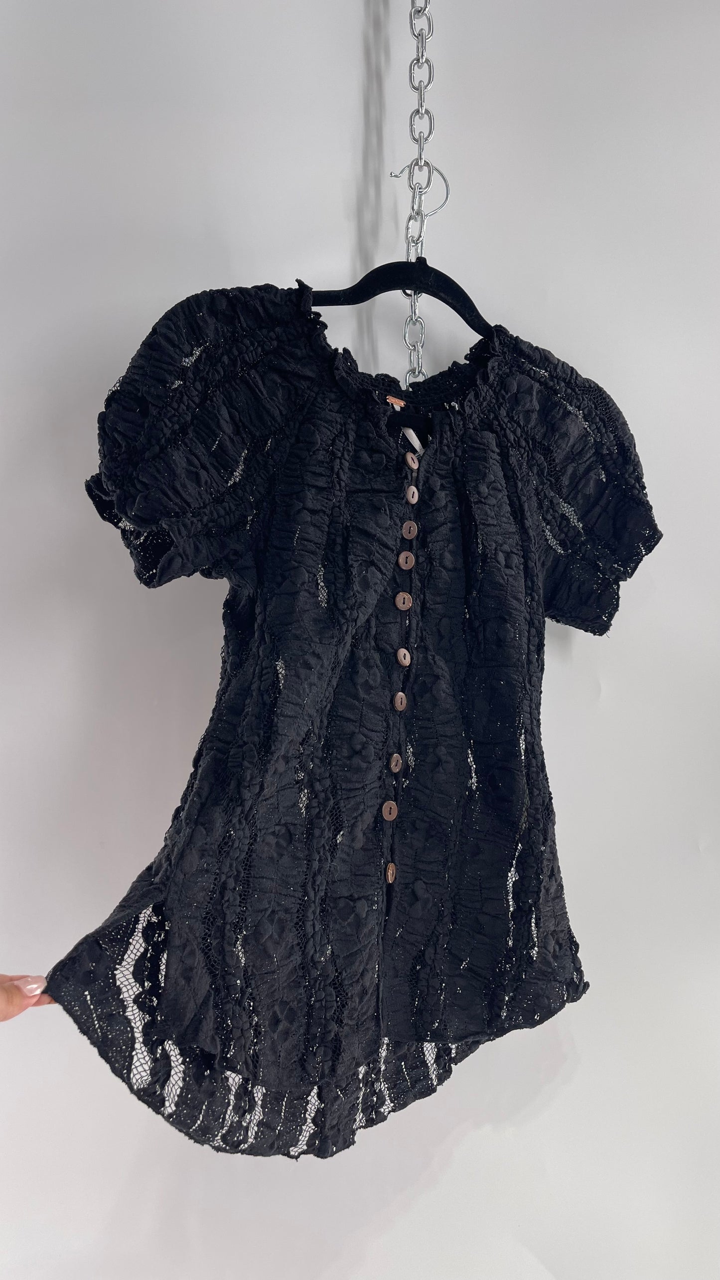 Free People Black Ruched Lace Puff Sleeve Blouse with Coconut Buttons and Tags Attached (XS)