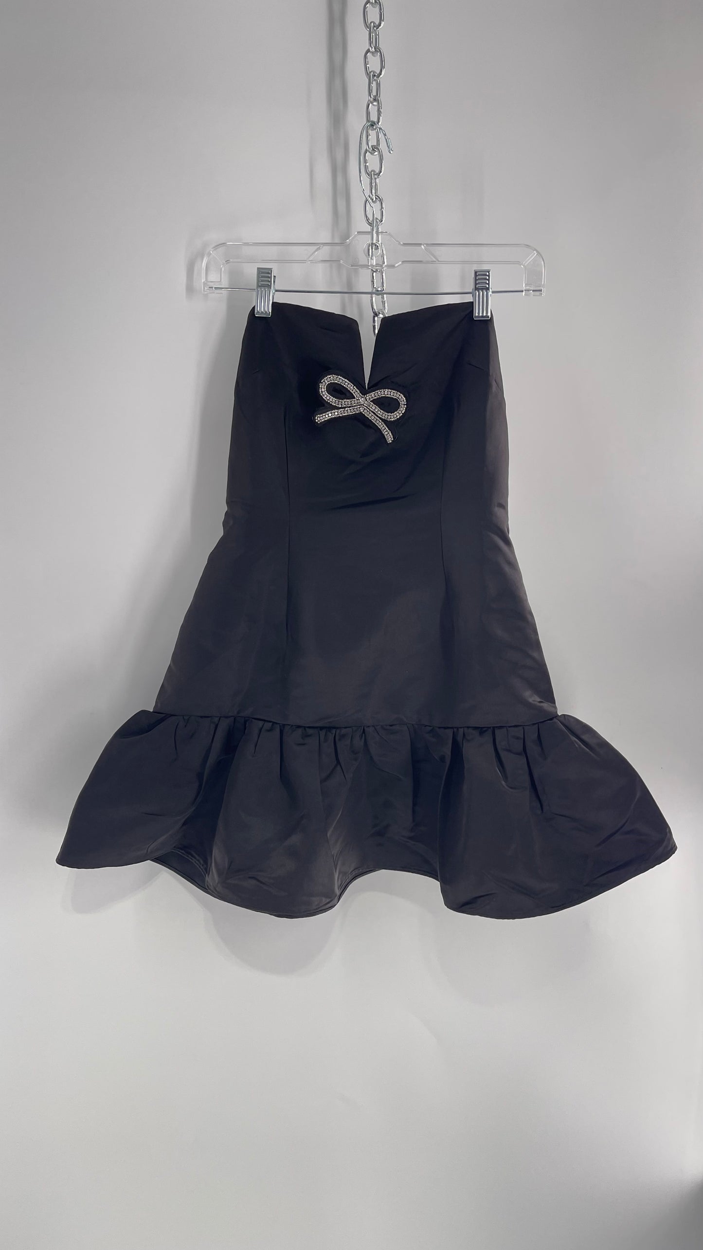 Maeve Black Mini Dress with Drop Hip Bubble Hem, Lace/Bow Appliqué and Tight Bodice (Small)