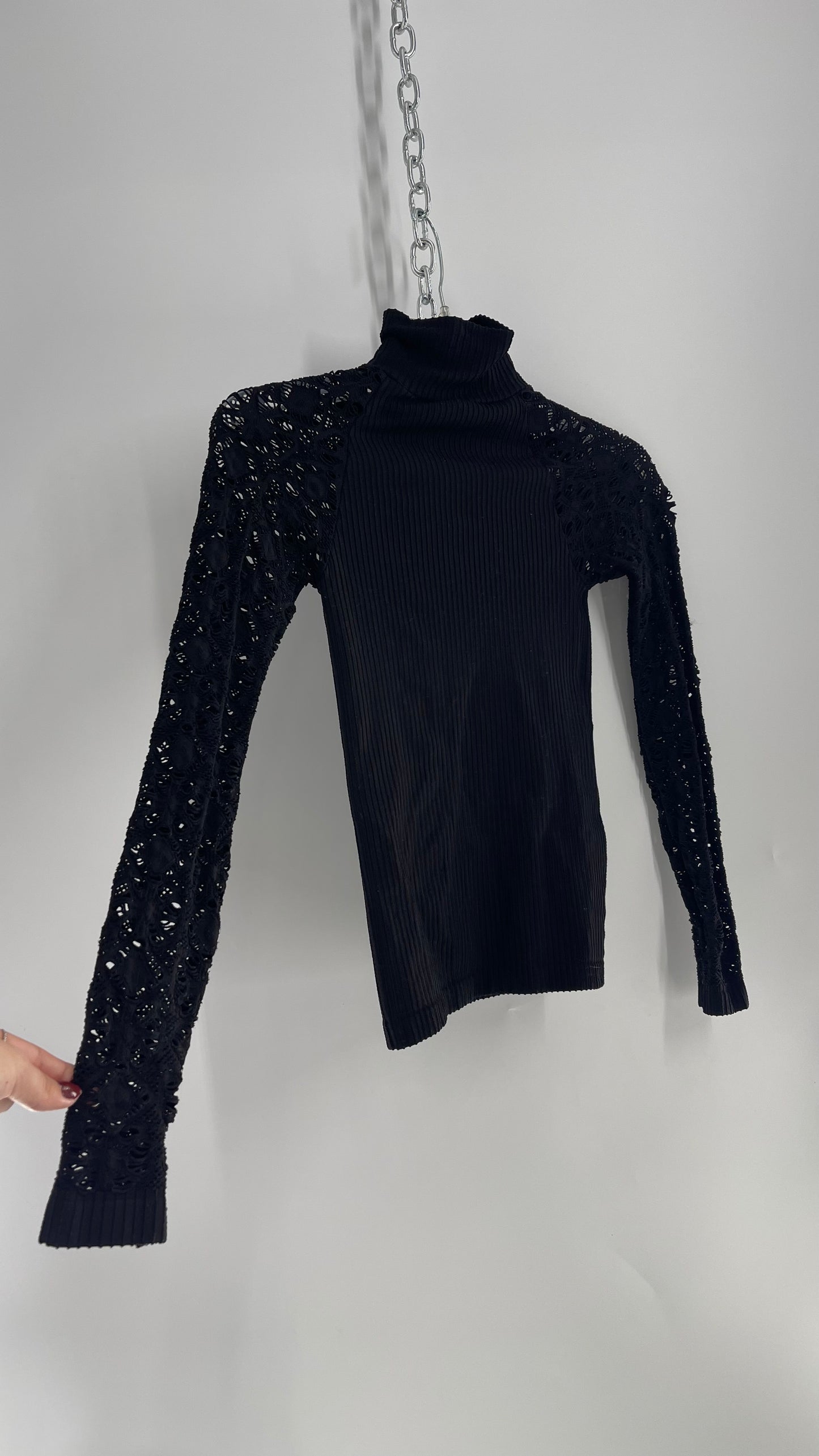 Free People Worn Black Spandex/Nylon Turtle Neck with Lace/Perforated Sleeves (M/L)