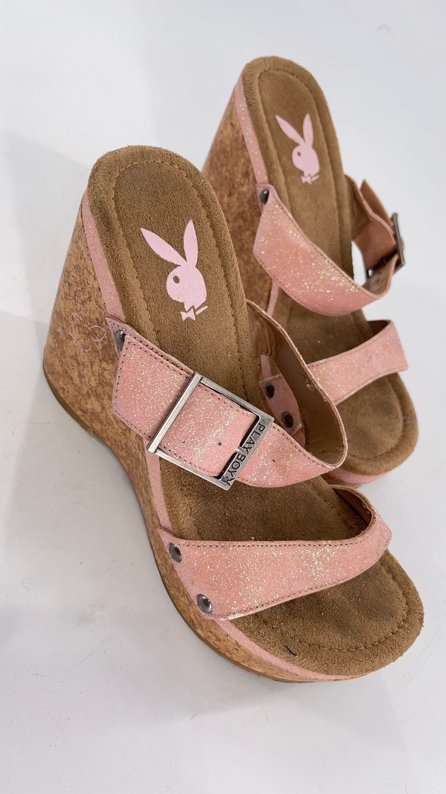 Playboy Pink Glitter Wedge Heel with Cork Heel and Playboy Engraved Buckle (6)