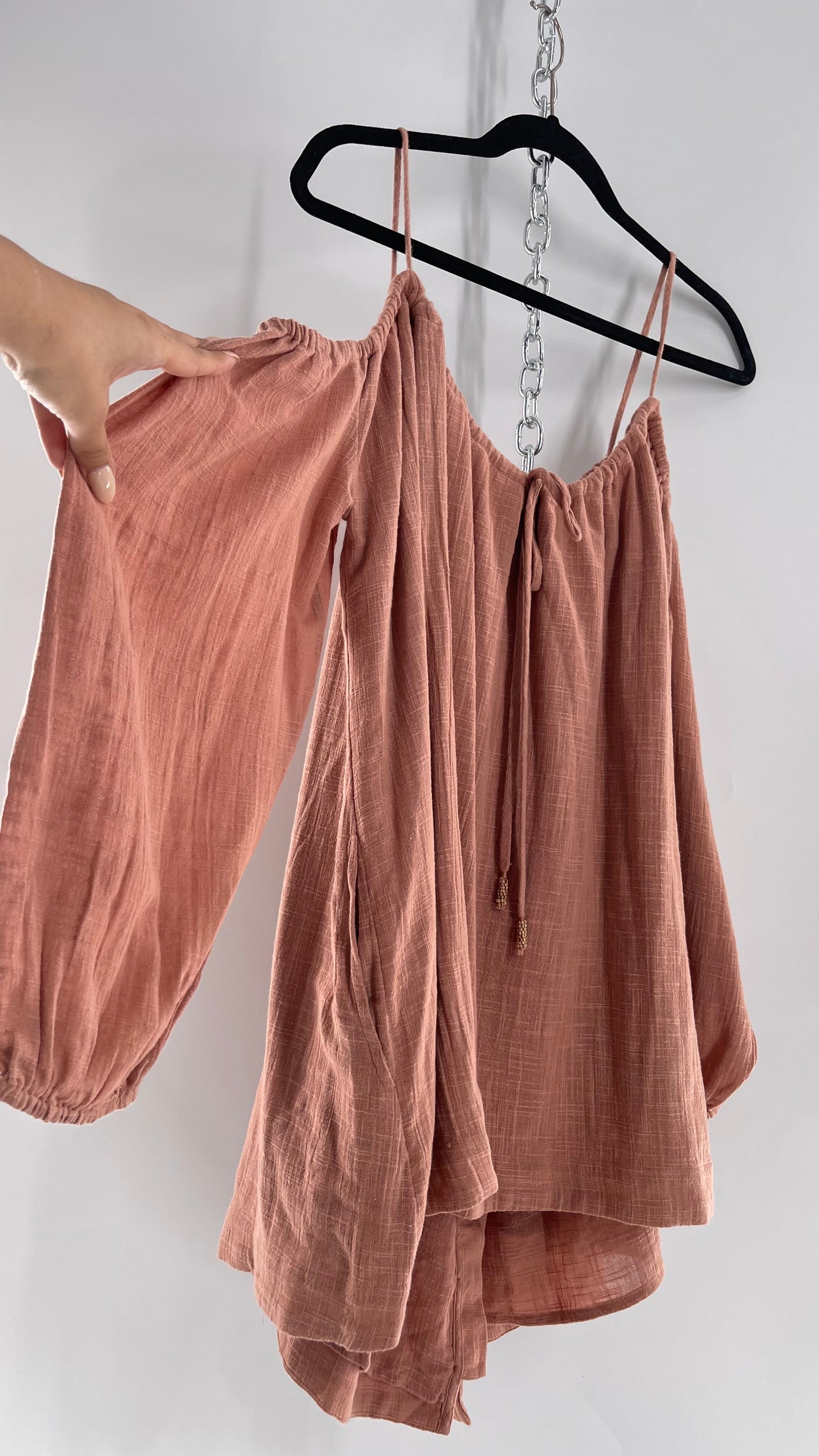 Free People Cotton Blush Pink Button Front Cold Shoulder Dress (Medium)