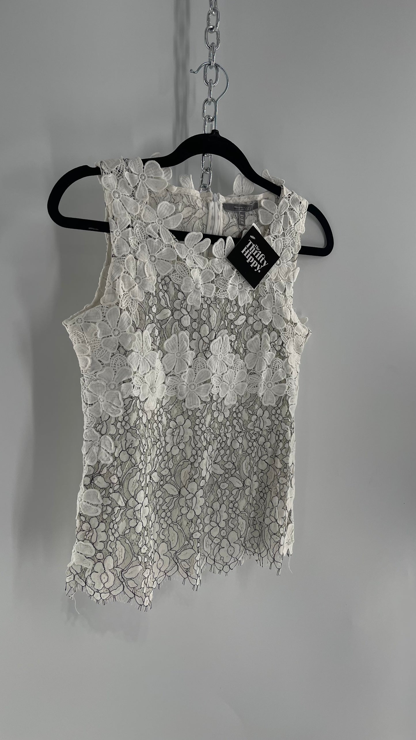 Anthropologie Blue Tassel White Lace Tank with White Lace Under bust and Collar Trim (XS)