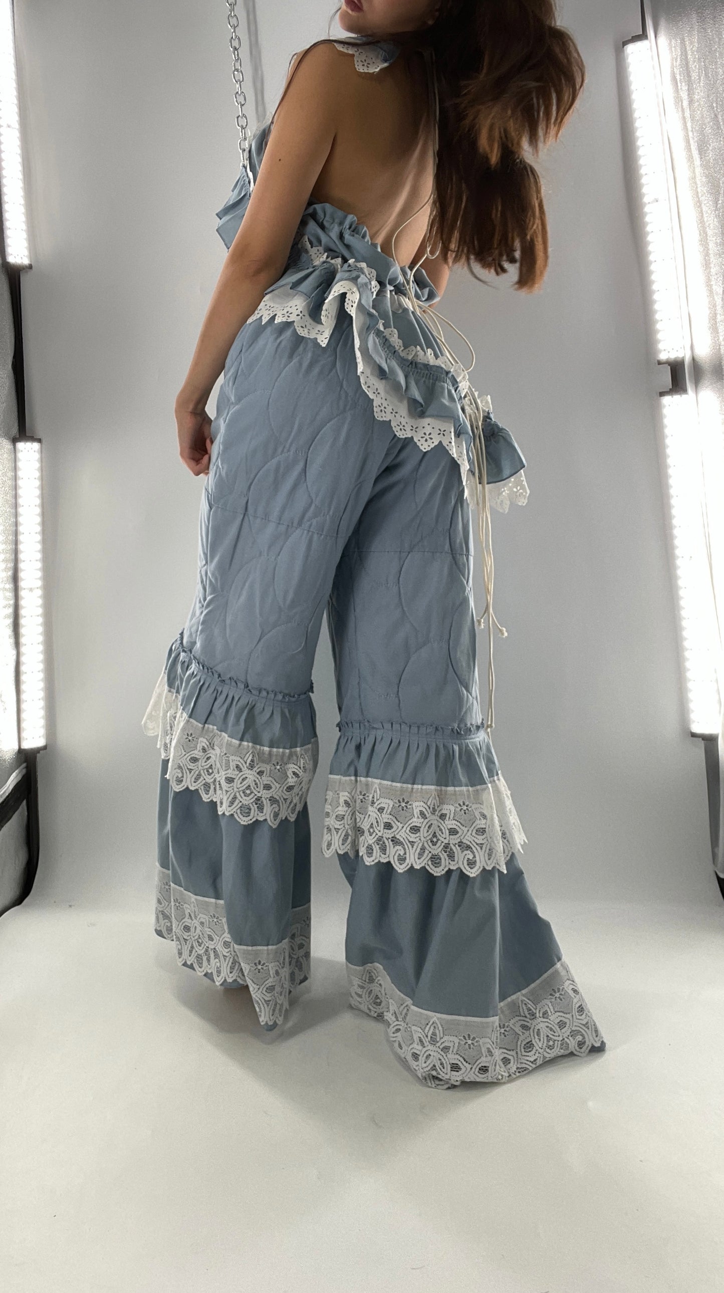 Vintage 2 Piece Powder Blue Set Featuring 2Way Blouse and Quilted Trousers Covered in Ruffles, Lace and Trim (One Size)