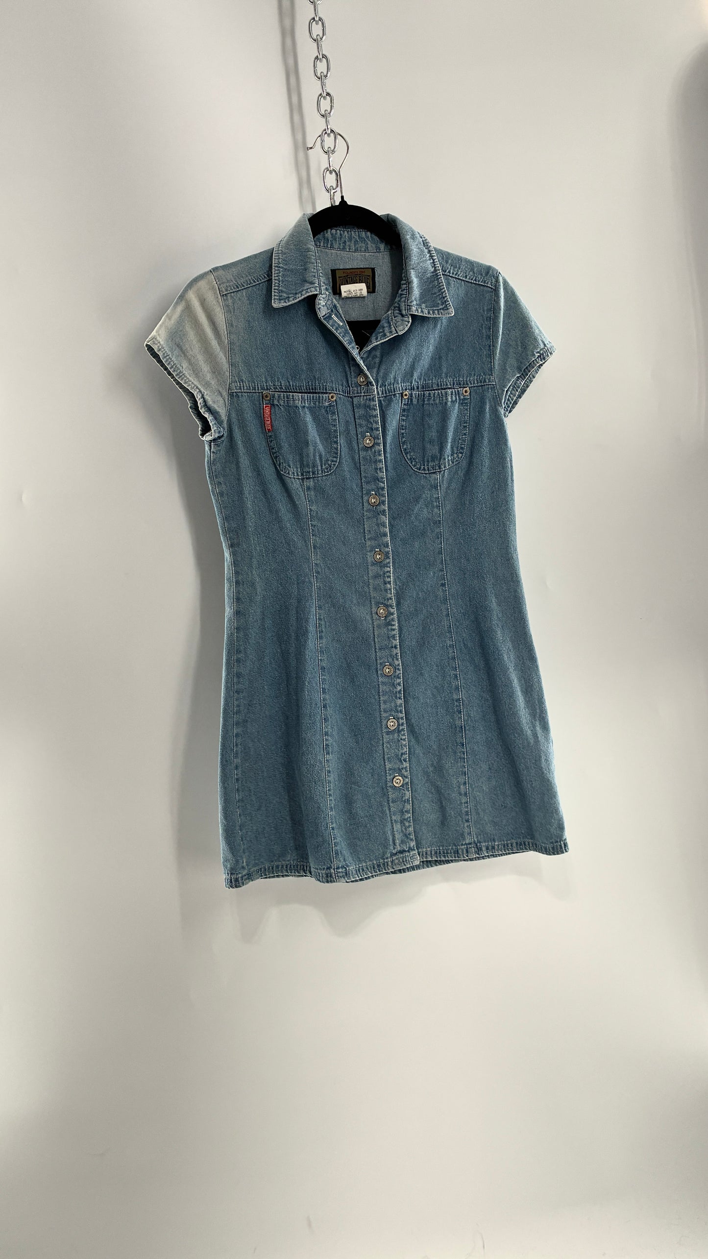 Vintage VINTAGE BLUE Light Wash Denim Button Front Micro Mini Dress (7)