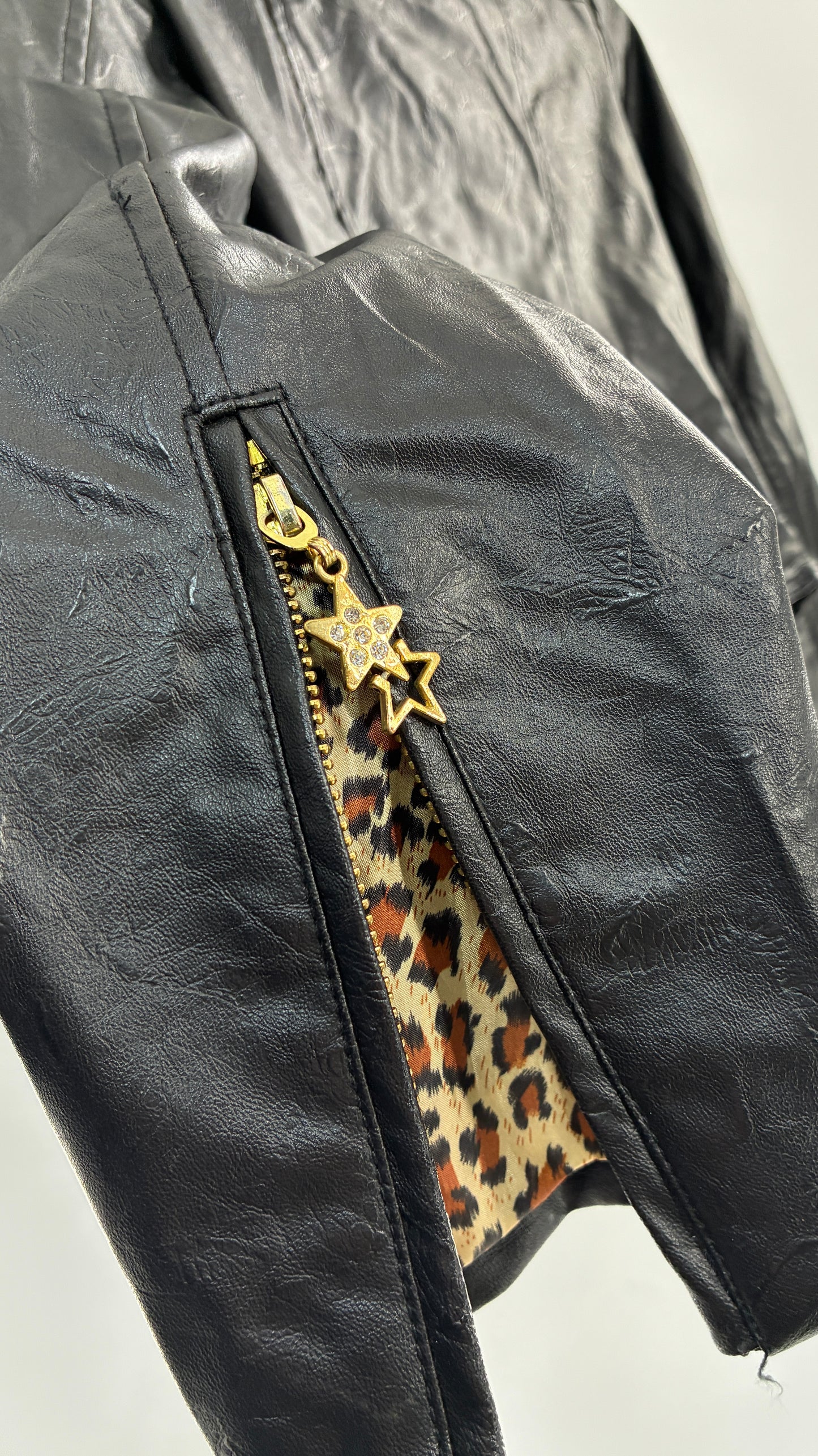 Vintage Black Vegan Leather Jacket with Oversized Lapel, Belt Loops and Pockets Covered in Heavy Duty Gold Studs (Small)