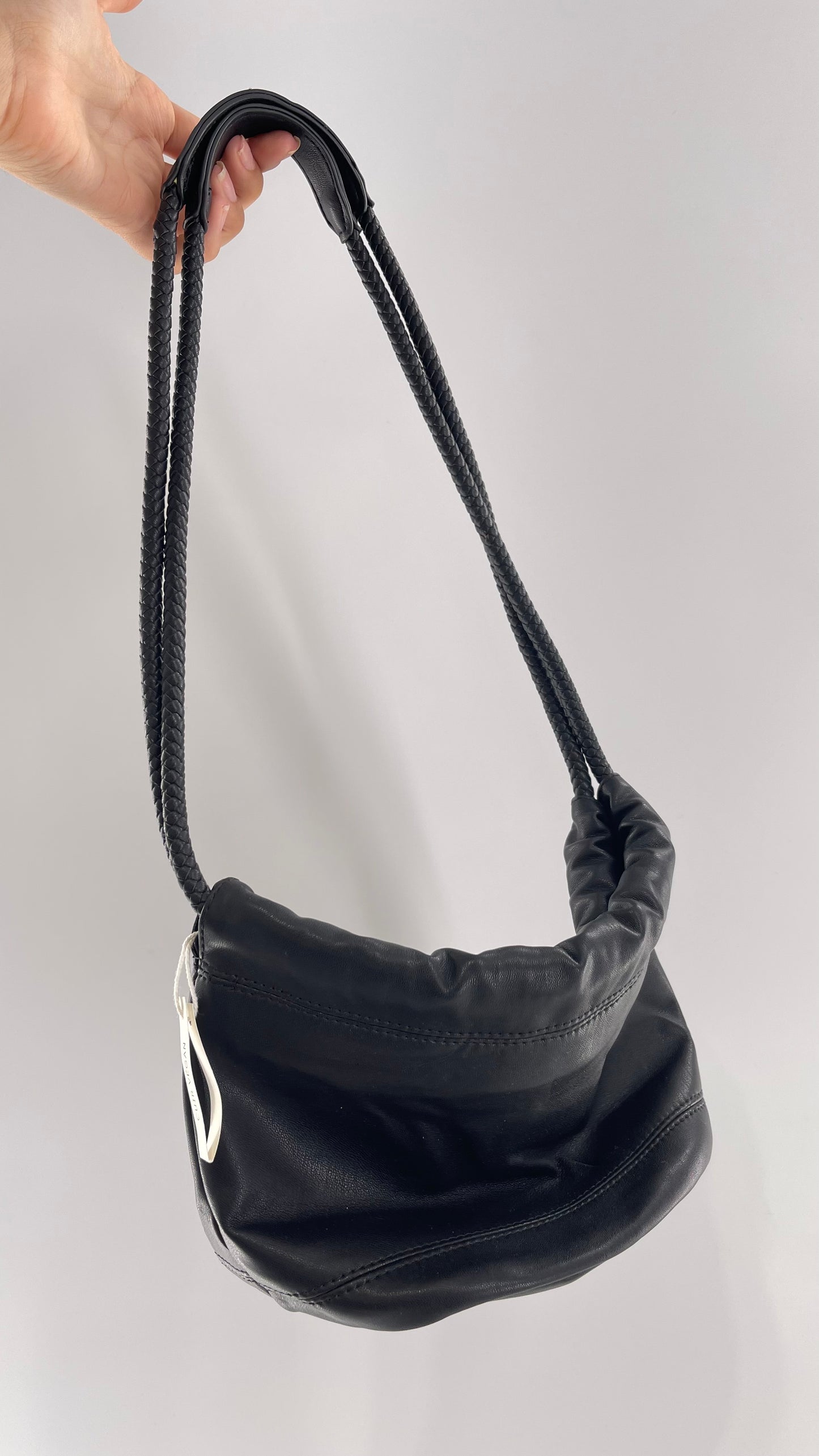 Urban Outfitters Black Adjustable Bucket Tank Vegan Leather Bag with Braided Handles