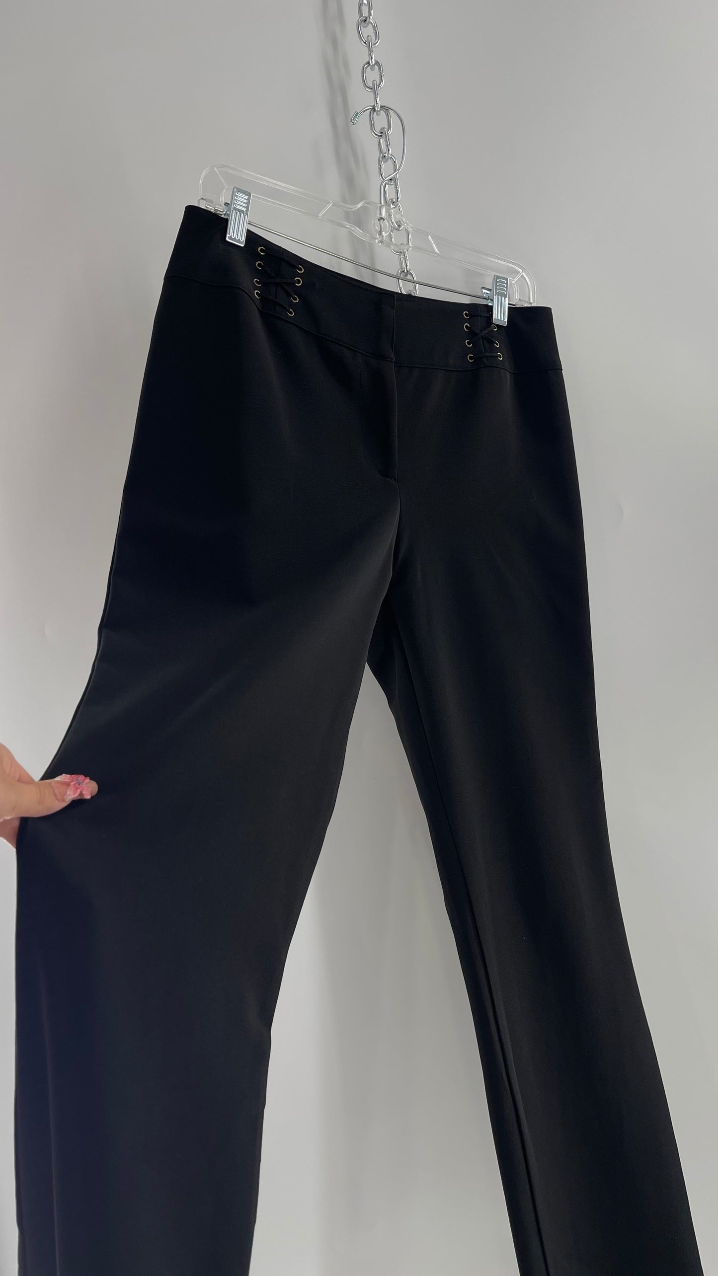 Vintage BARANDA 1990s Black Kick Flare Trousers with Lace Up Waist Details (10)