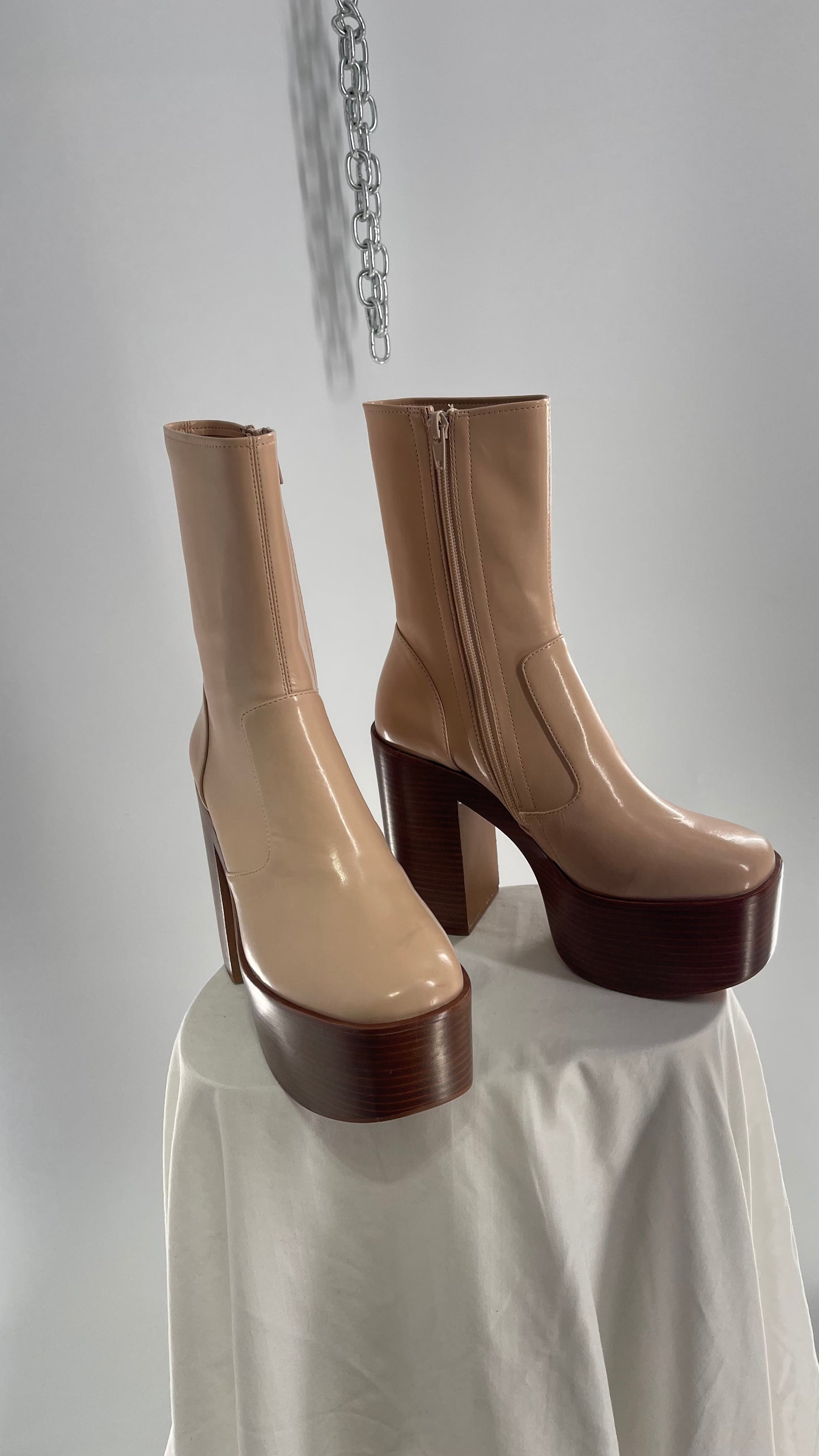 Free People X Jeffrey Campbell Mexique GoGo Boots • Beige Patent Boot with Wood Grain Chunky Block Heel and Platform  (8)