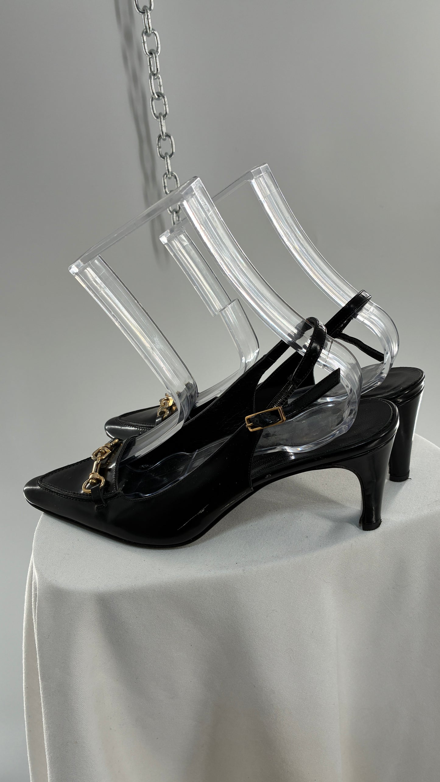 Vintage COACH Black Patent Leather Sling Back Kitten Heel with Brass Closure Detail (8.5)