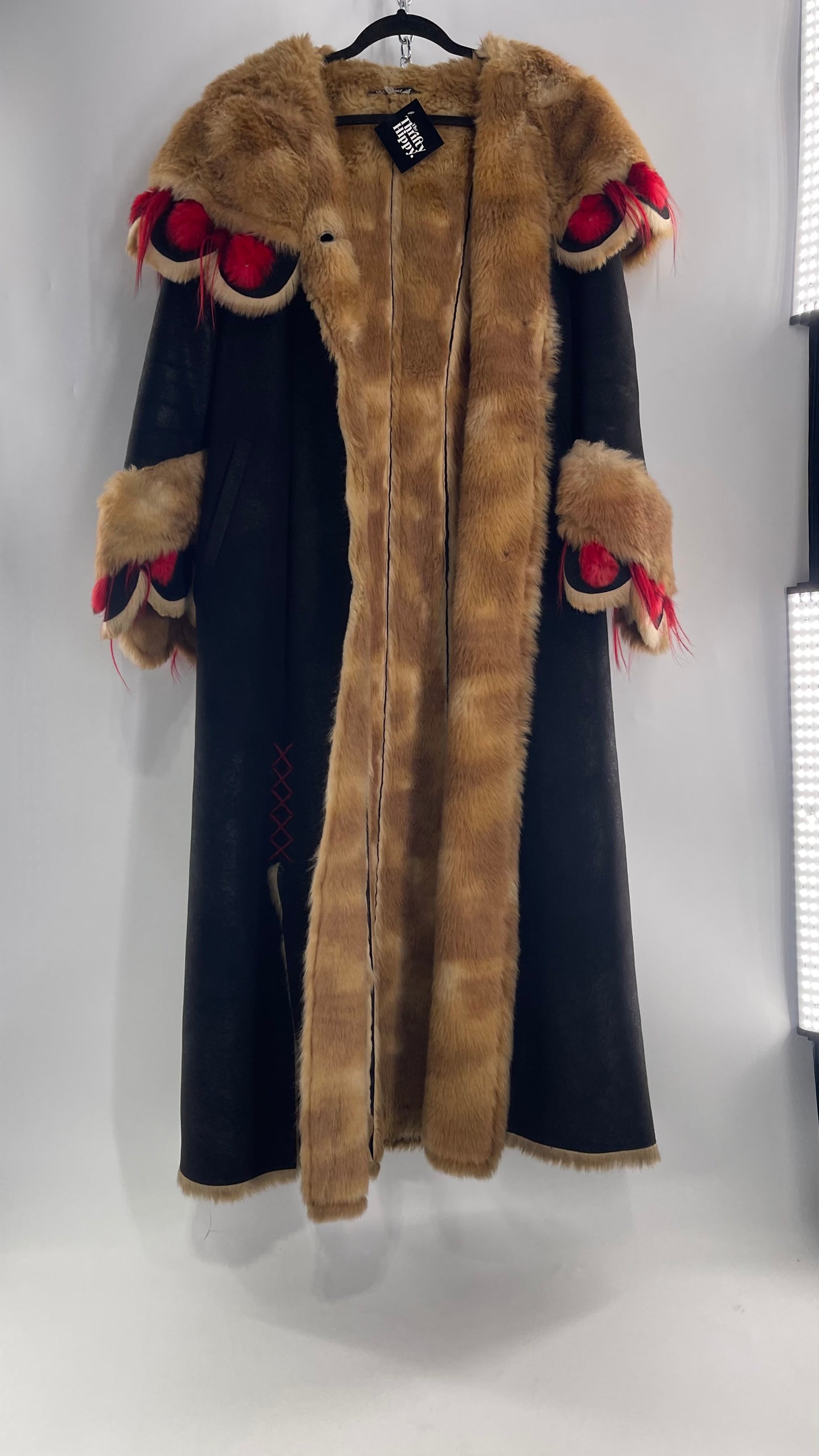 Vintage Russian Black Coat with Brown Fur Piping/Lining, Red Feathers, Scalloped Sleeve, and Hood (Medium)