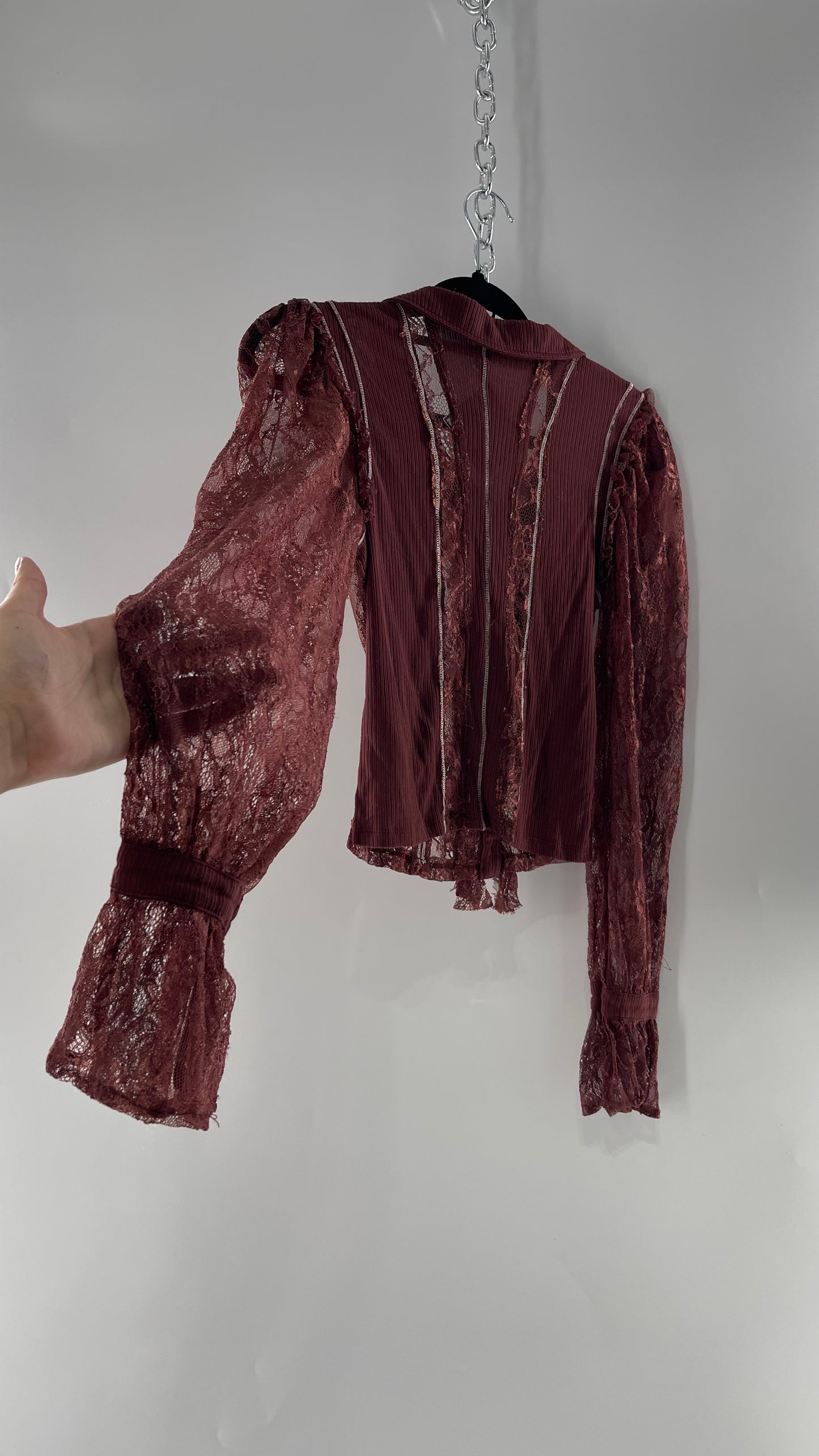 Free People Burgundy Lace Button Front Blouse with Balloon Sleeves and Ruffle Front Detail  (Small)