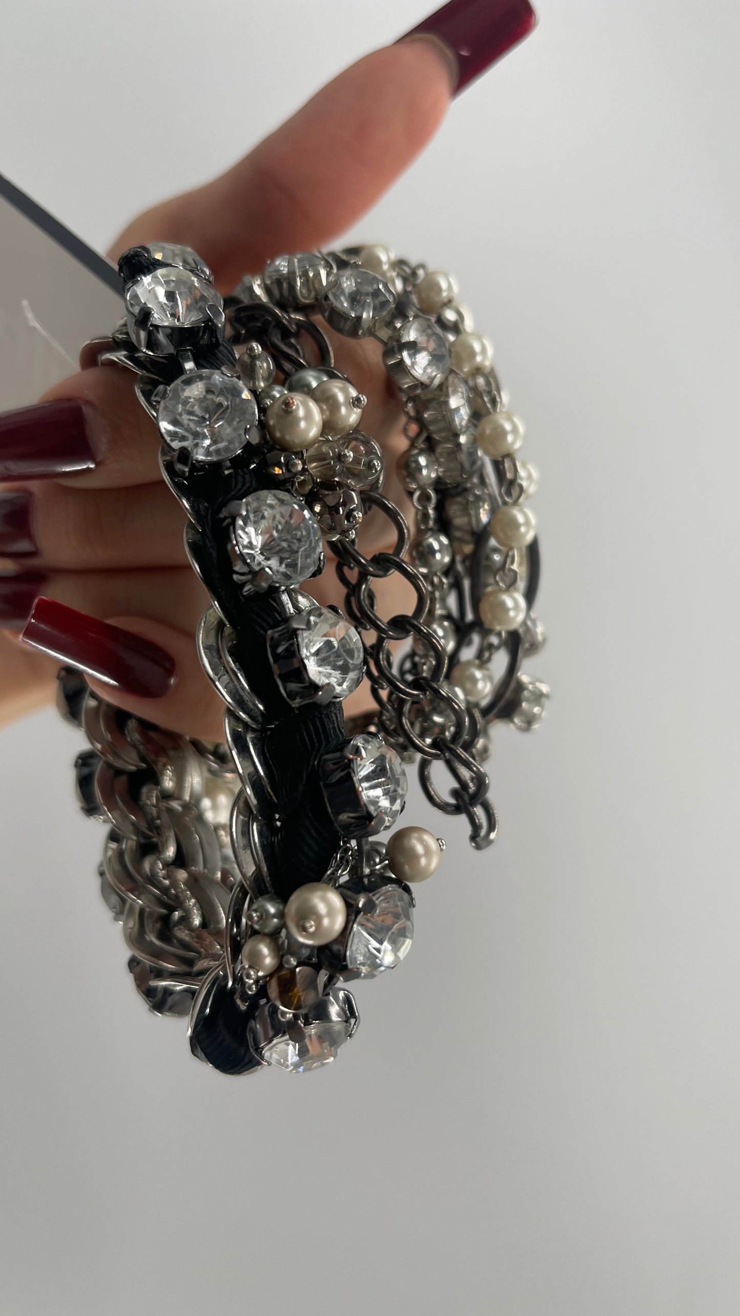 Vintage Heavy Layered Pearl Gunmetal Chain and Oversized Rhinestone 2pc Bracelet Set
