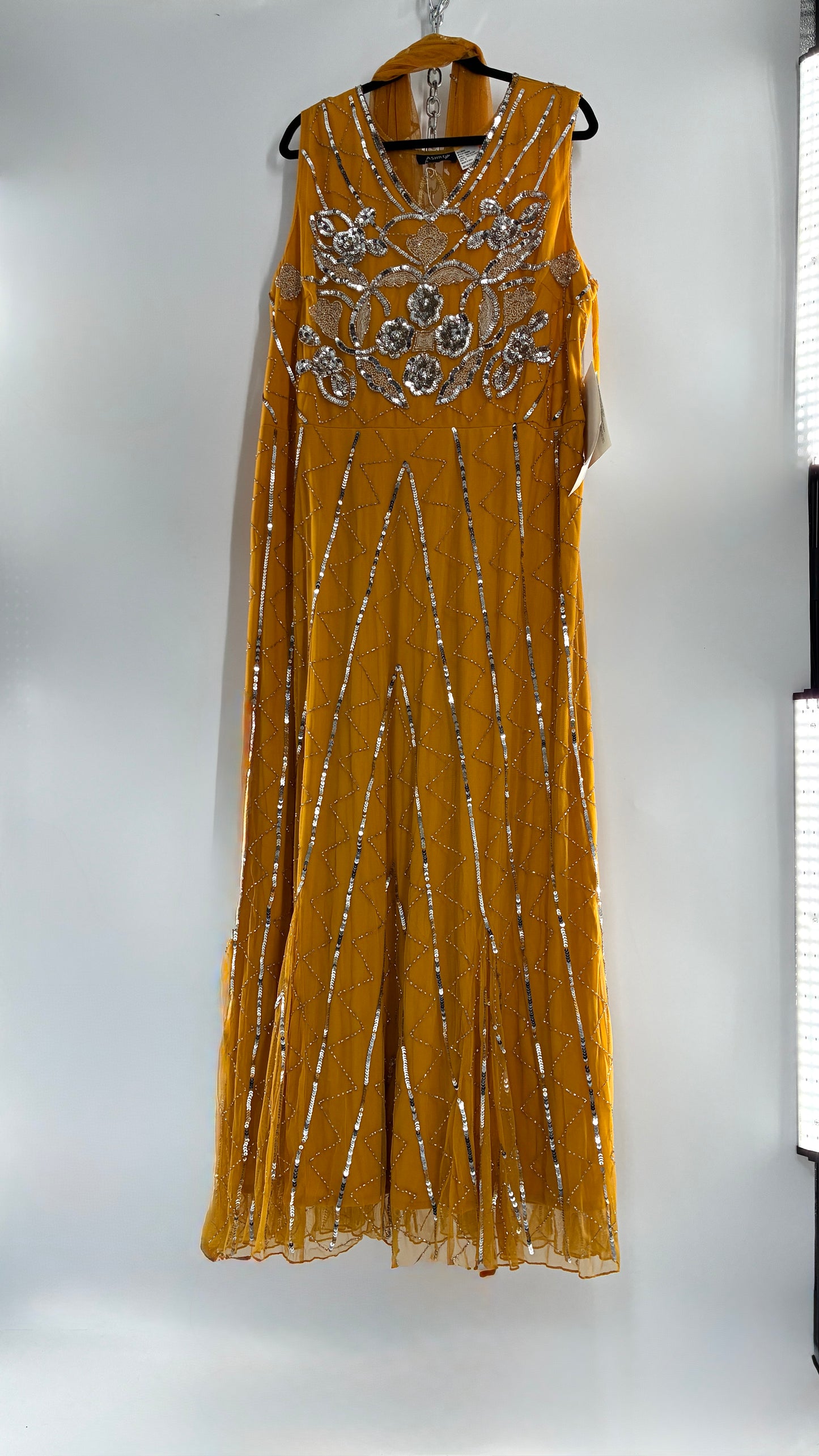 Deadstock Vintage ASHRO 1990s Mustard Yellow Dress with Sheer Back, Neck Scarf and Silver Beading (XXL)
