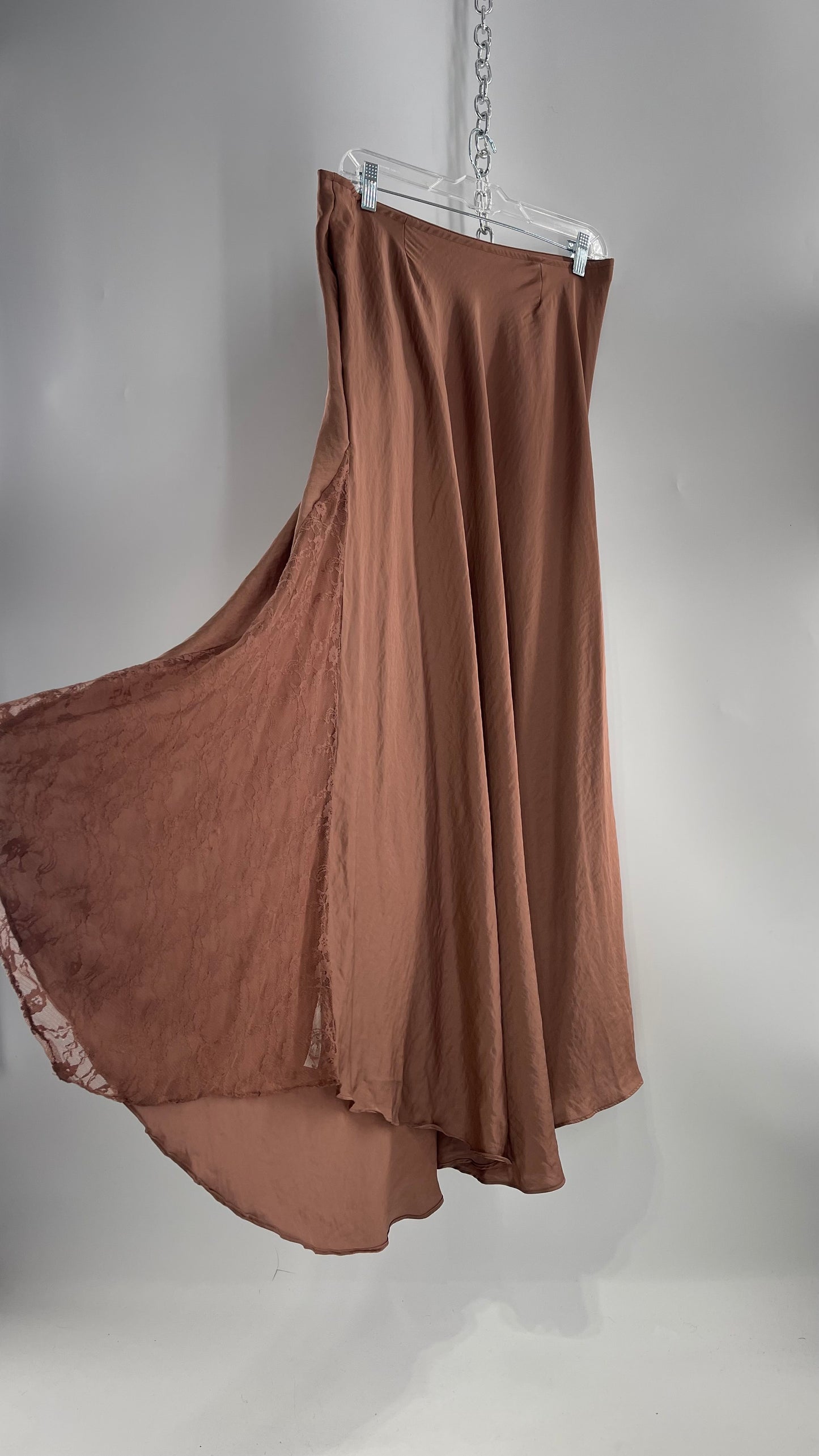 Intimately Free People Brown/Dusty Mauve Satin Maxi Skirt with Lace Paneling (Medium)