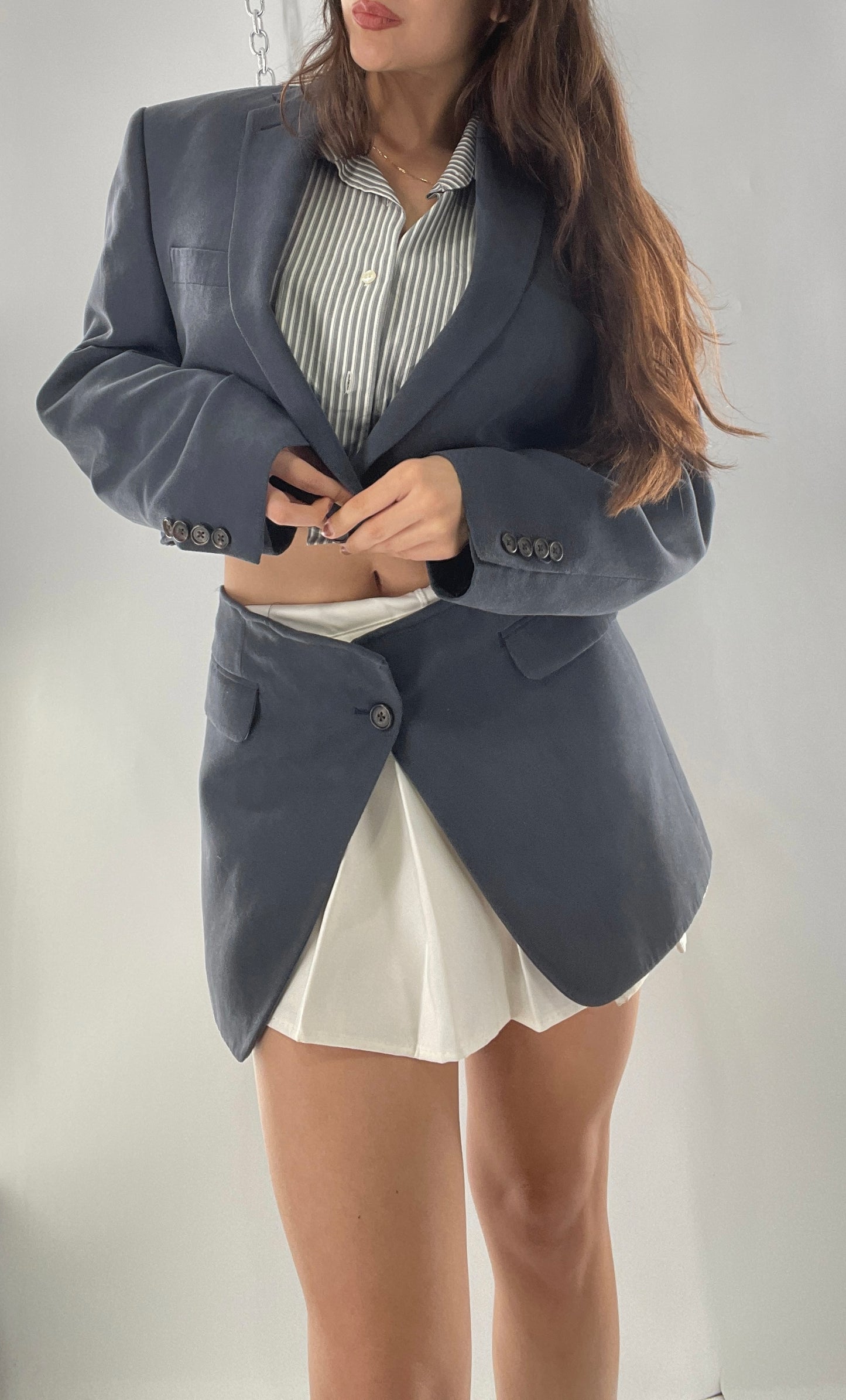 CUSTOM Handmade 2pc Suit Set Gray/Blue with Open Corset Back Skirt and Cropped Jacket (One Size)