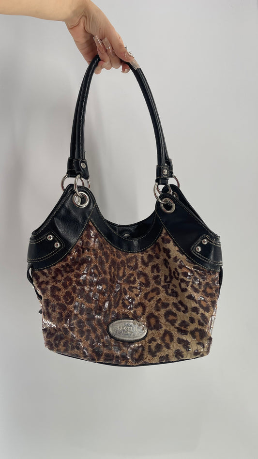 Vintage Rosetti Sequin Cheetah Bag with Leather Trim and Straps