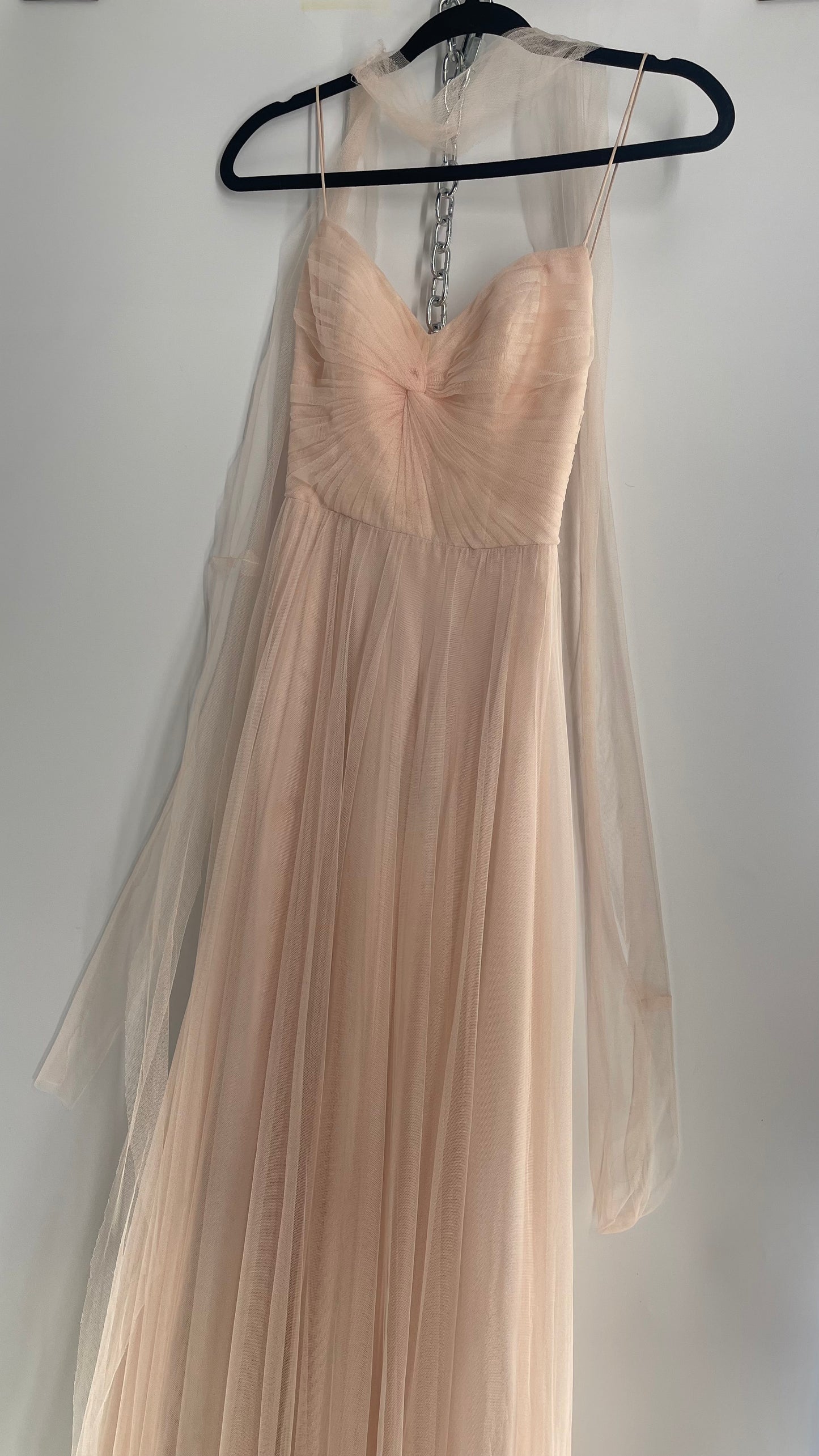 BHLDN WATTERS & WATTERS Blush Pink Tulle Open Back Gown with Tie Detail (0)