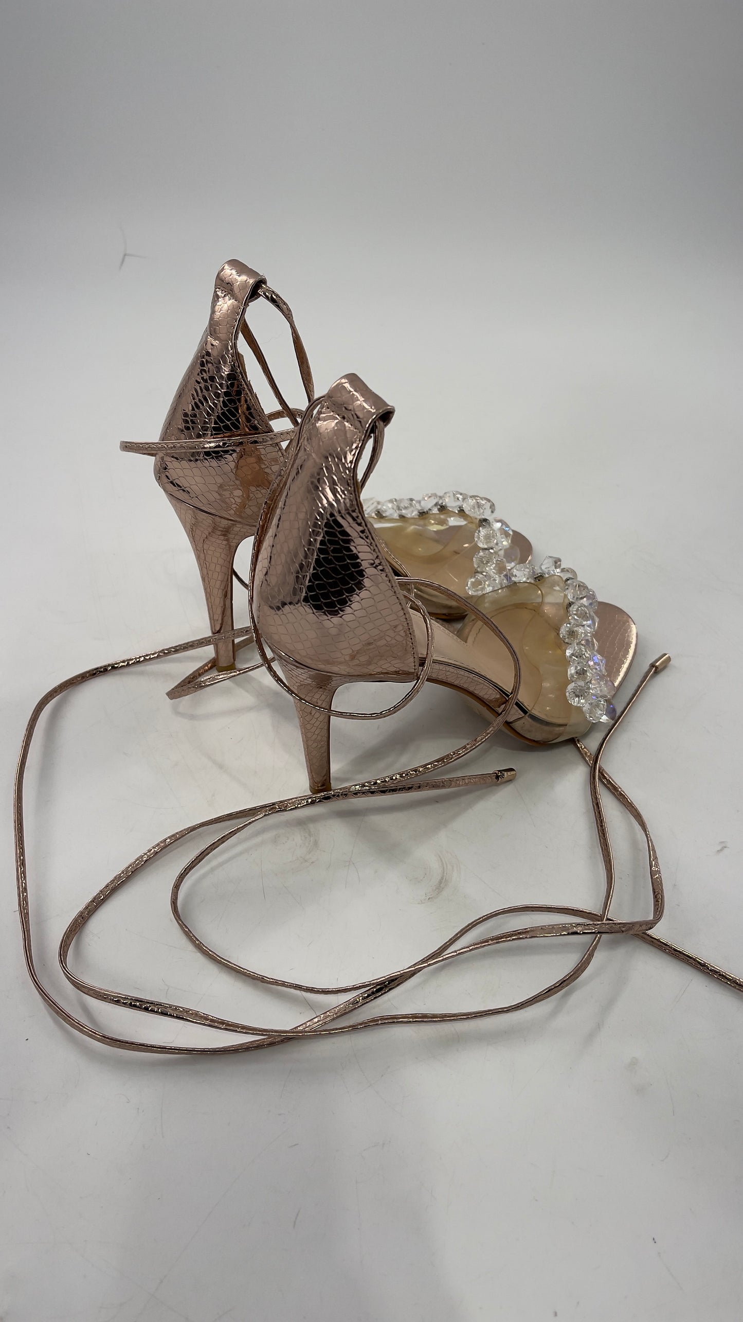 SIMMI LONDON Rose Gold Textured Heels with Clear Toe Strap Covered in Rhinestones/ Crystal Pendants and Tie Up Ankle Straps (7)