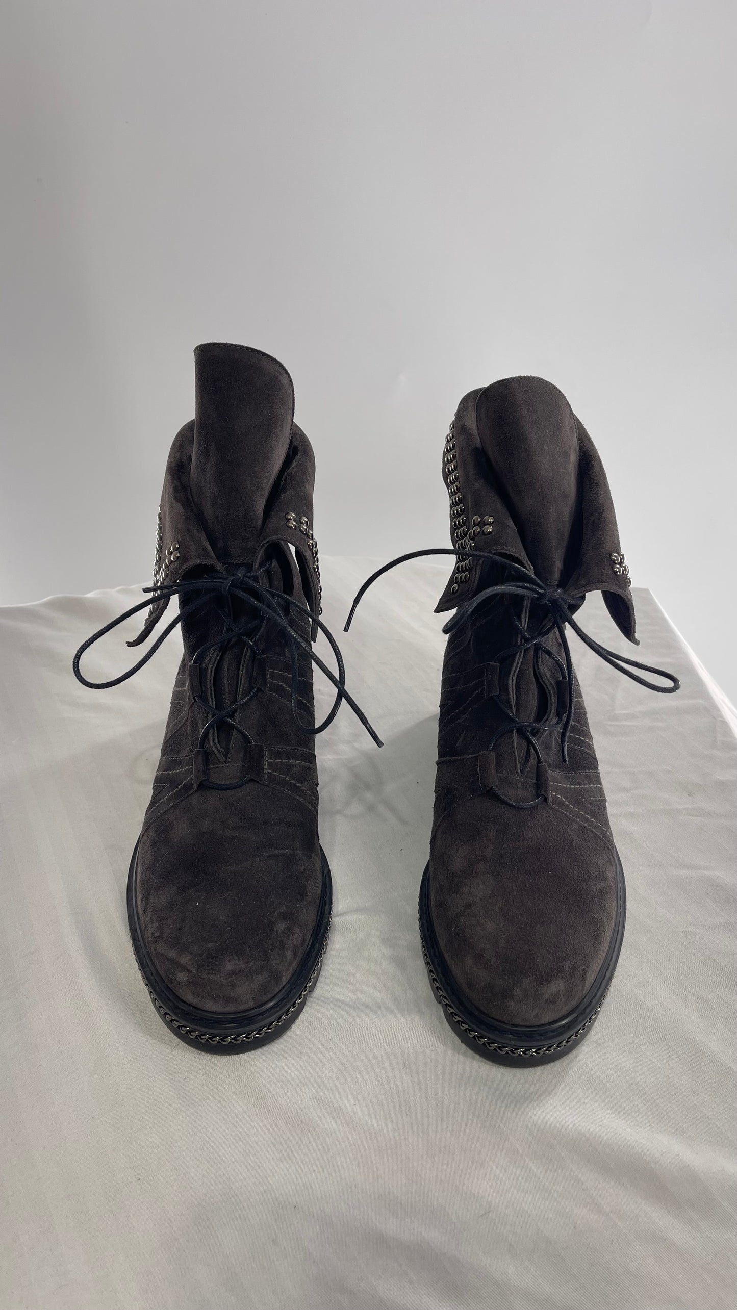 Stuart Weitzman Yadastud Grey Suede Leather Studded, Chainlink Boots (8)