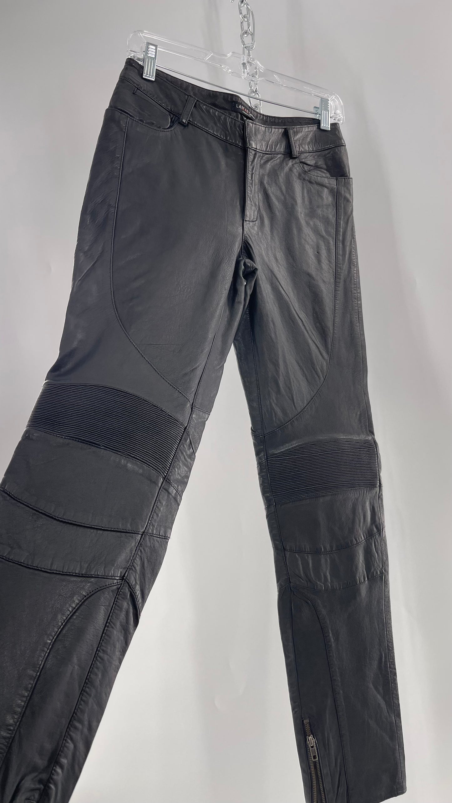 LAMARQUE 1990s Collection Vintage Black Leather Moto Style Pant with Panels, Ribbing and Zipper Details (6)