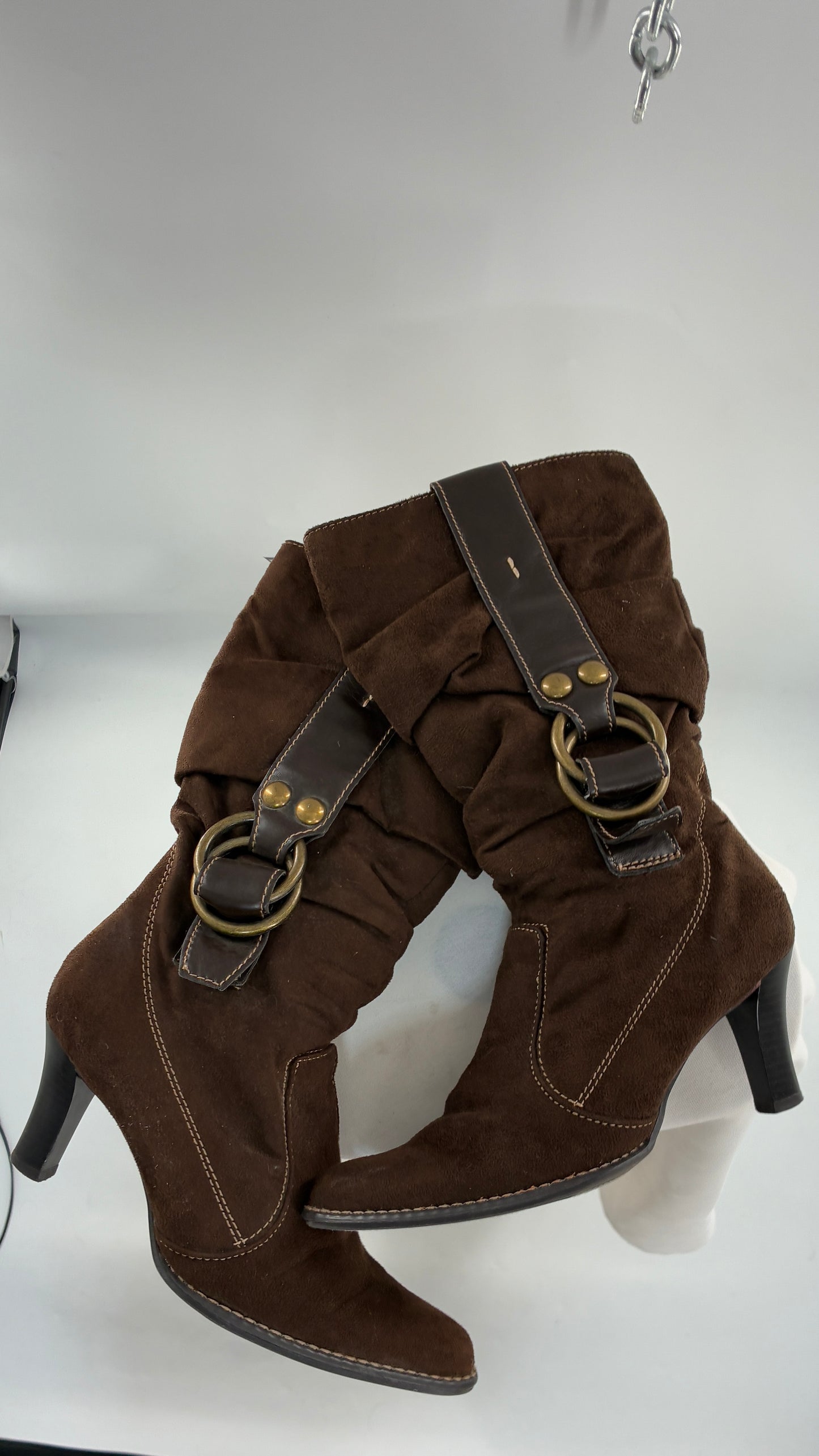 Vintage PREDICTIONS Vegan Suede Brown Stacked Boots with Buckle Detail (6.5)