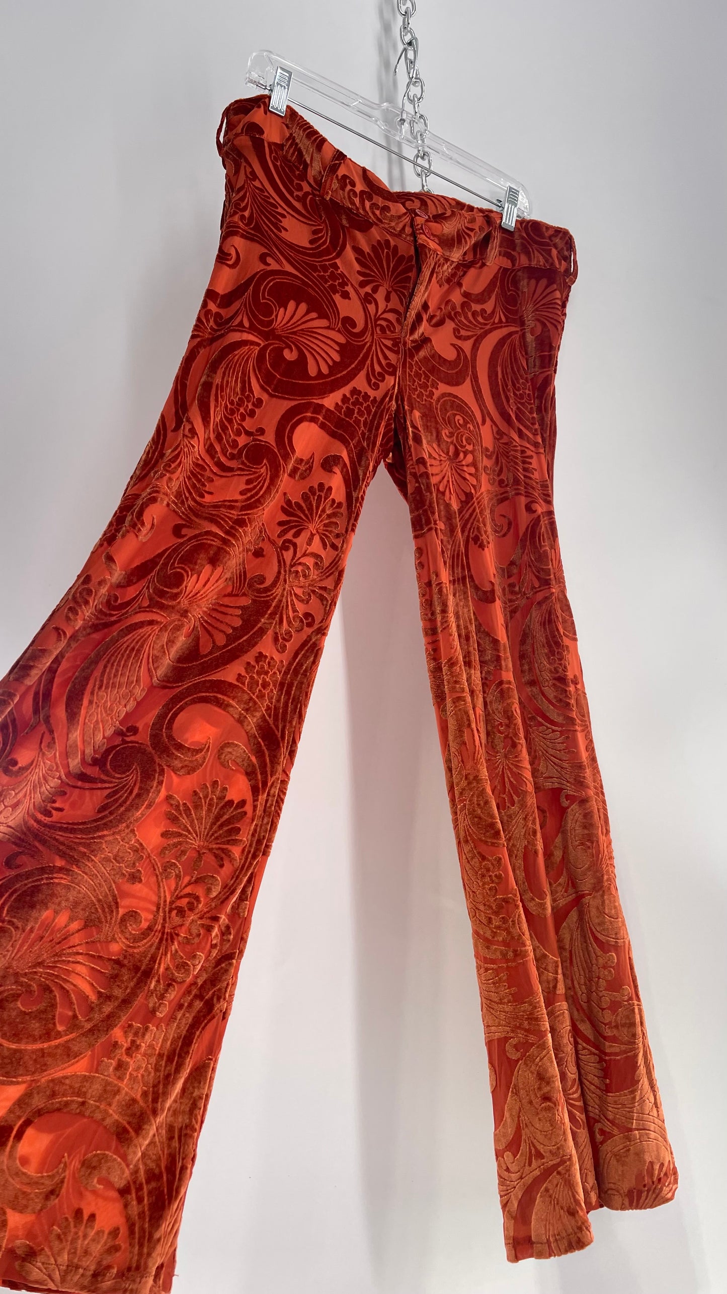 Urban Outfitters Burnt Orange Flares with Velvet Paisley Pattern (12)