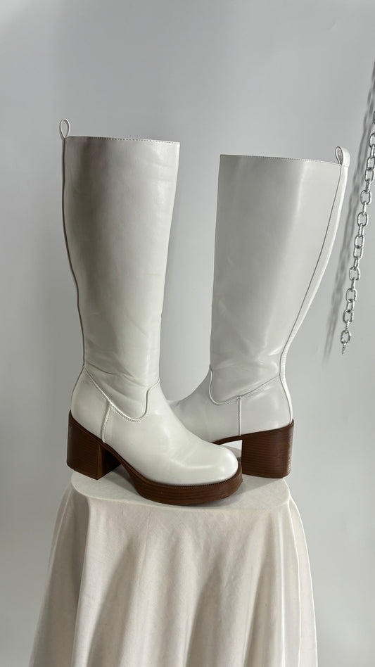 Vintage TOP MODA White Knee High GoGo Boots with Chunky Heel (7.5)