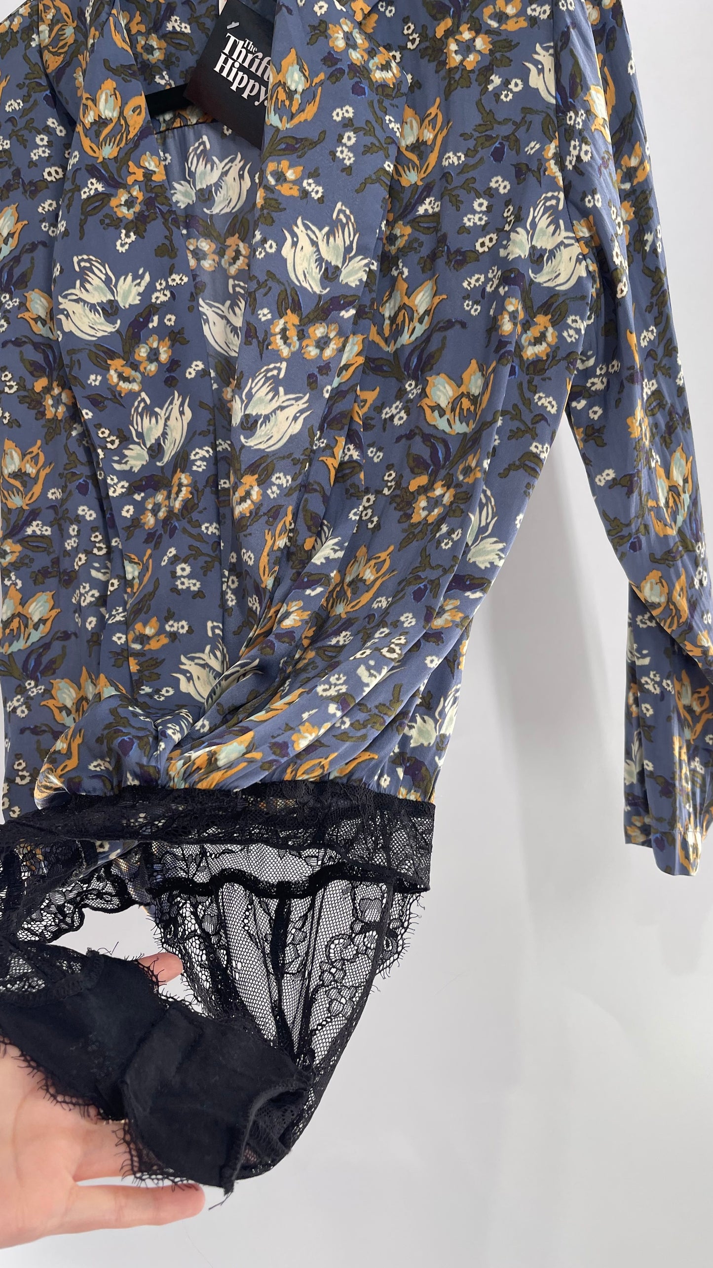 Free People Blue Floral Silky Bodysuit with Plunging Lapels (XS)