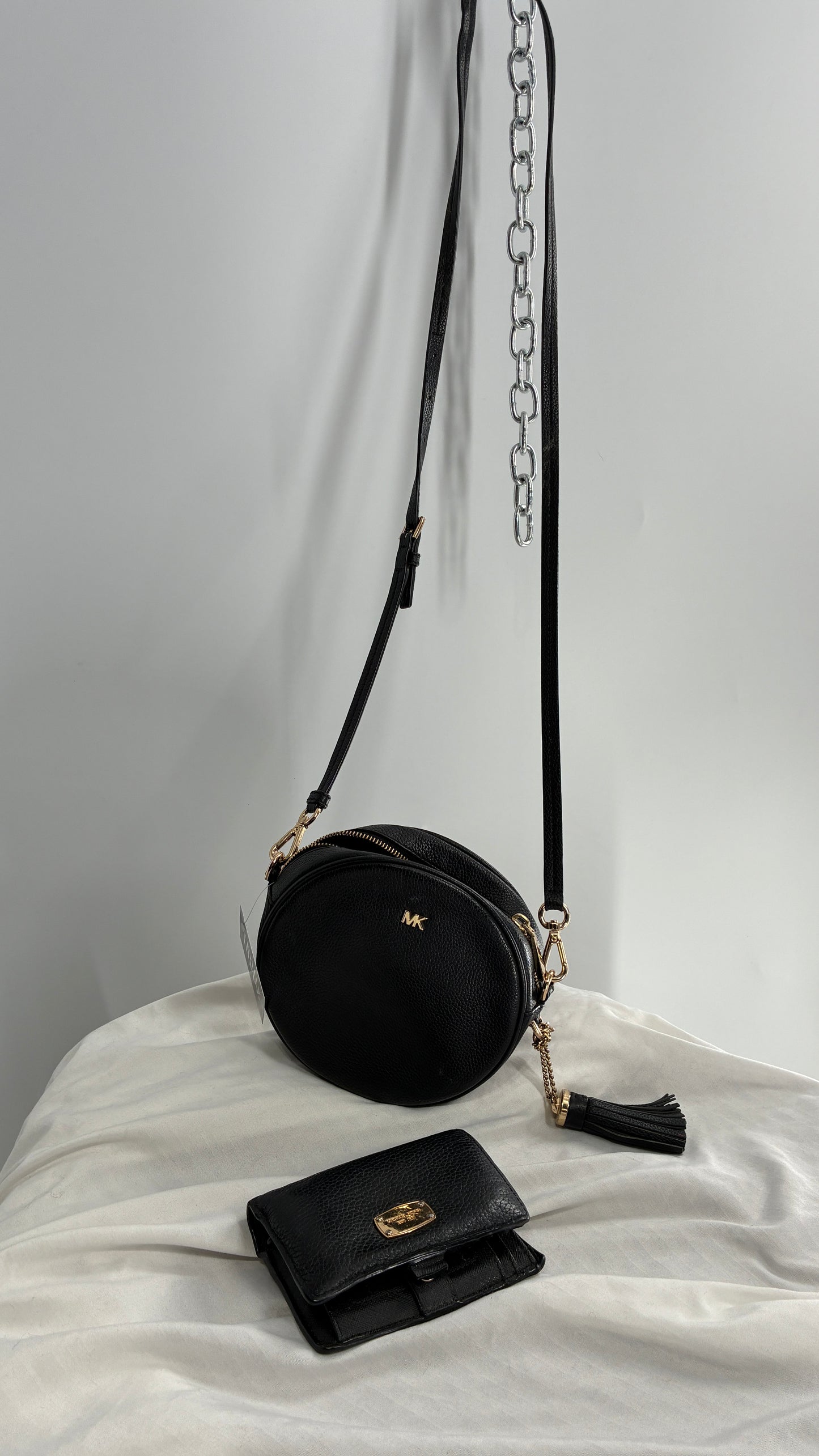 Michael Kors Black Round Crossbody Purse and Matching Wallet