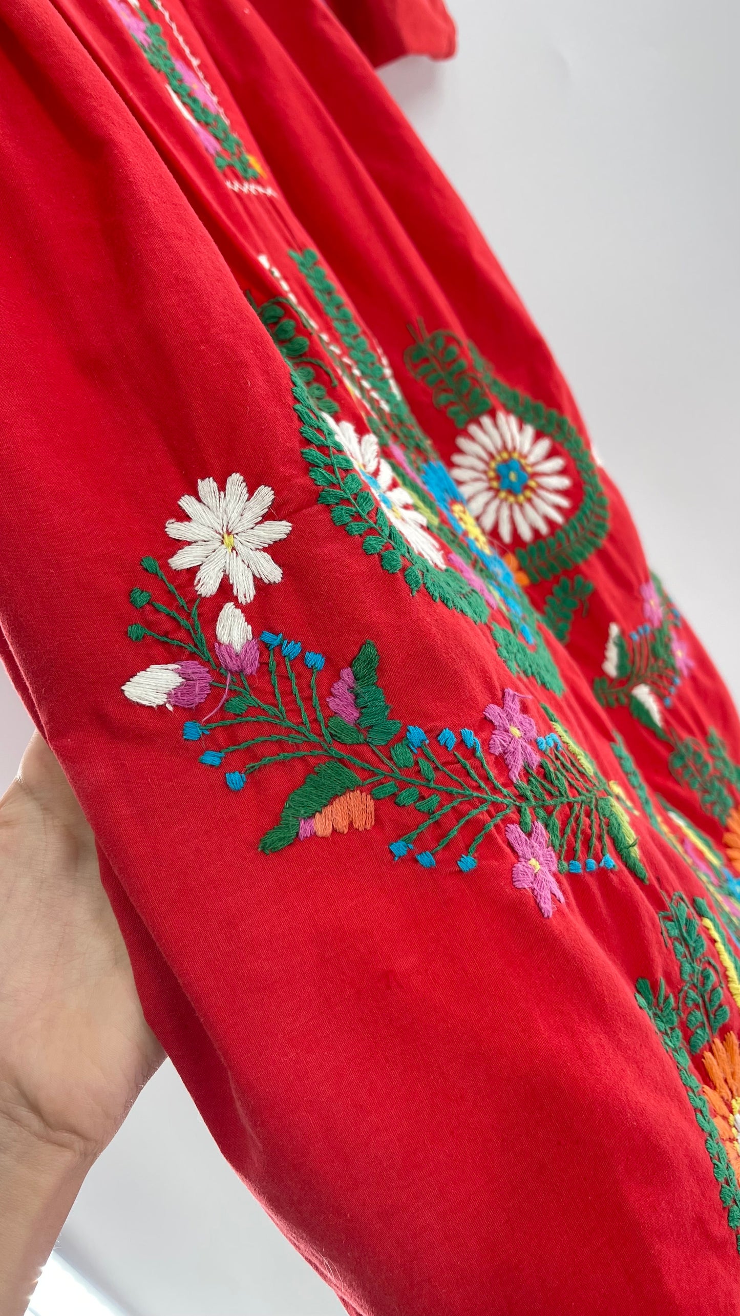 Vintage 1970s Red Cotton Dress with Hand Embroidered Florals Imported from Mexico (Small)