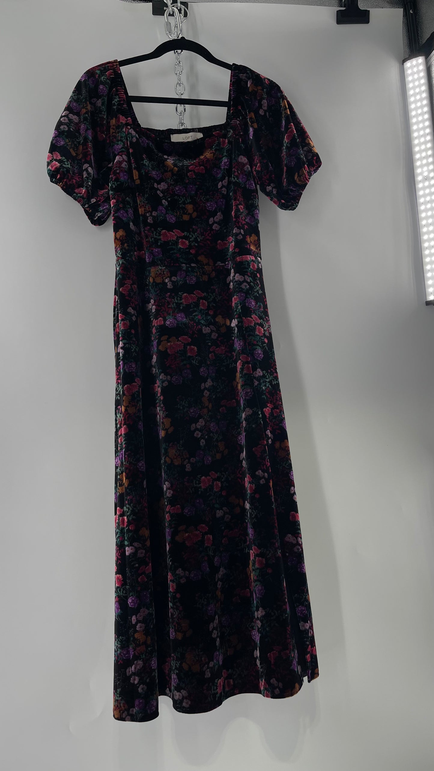 LOFT Velvet Dark Floral Full Length Dress with Puff Sleeves and Smocked Back with Tags Attached  (8)