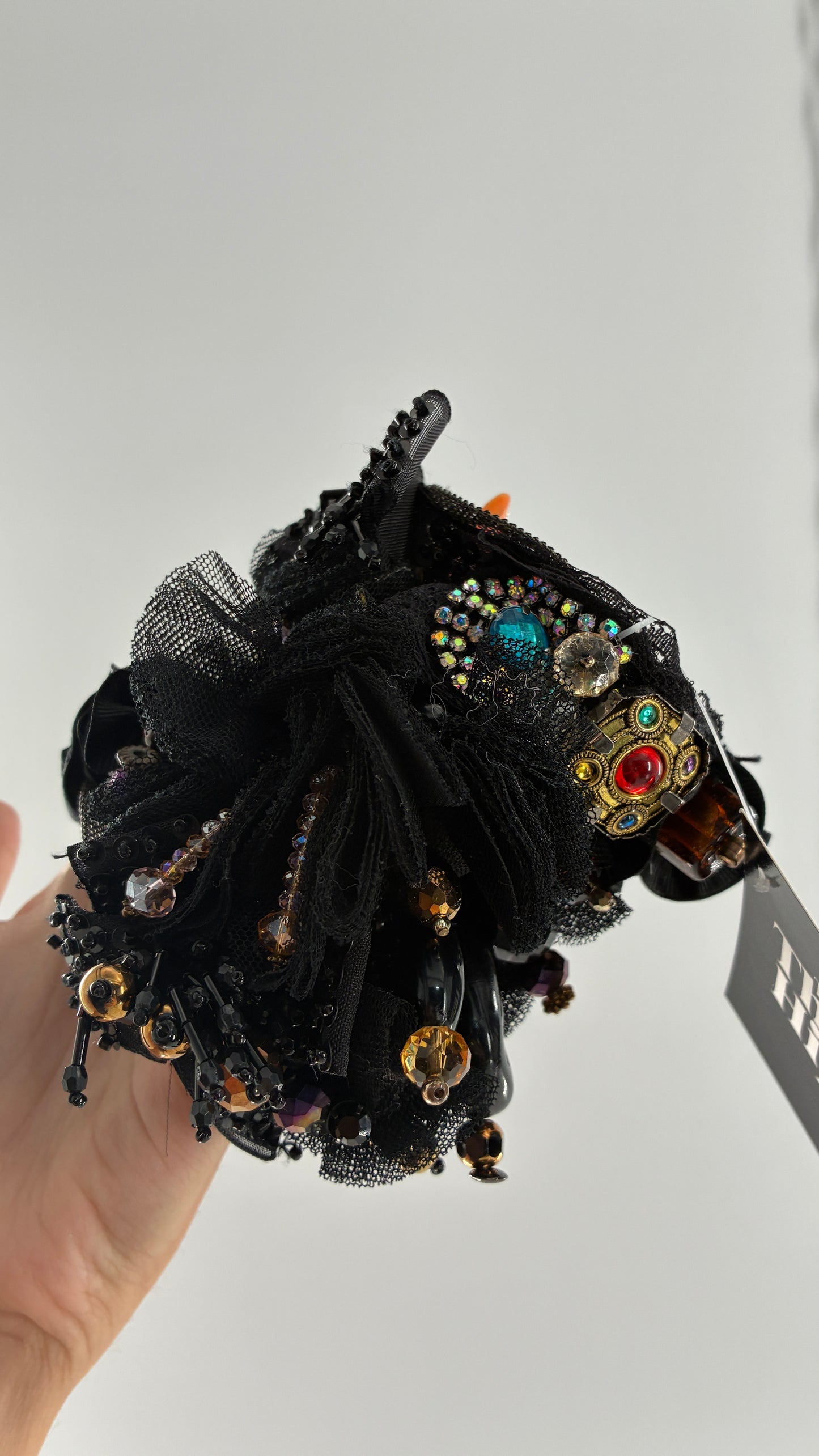Vintage Black Tulle Jeweled Maximalist Statement Cuff Bracelet