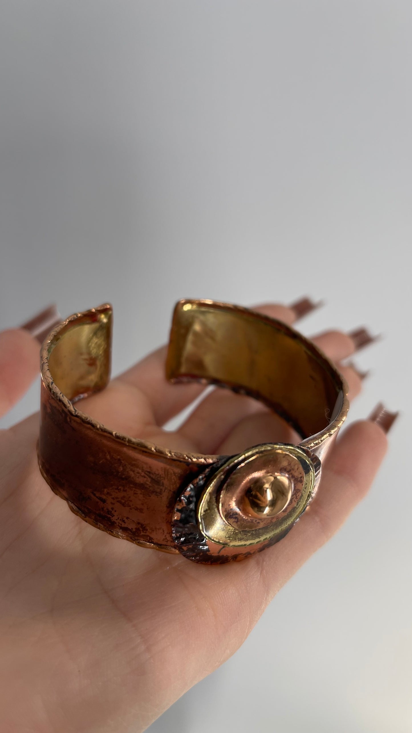 Vintage B536 Brutalist Sculptural Brass Copper Bracelet Cuff