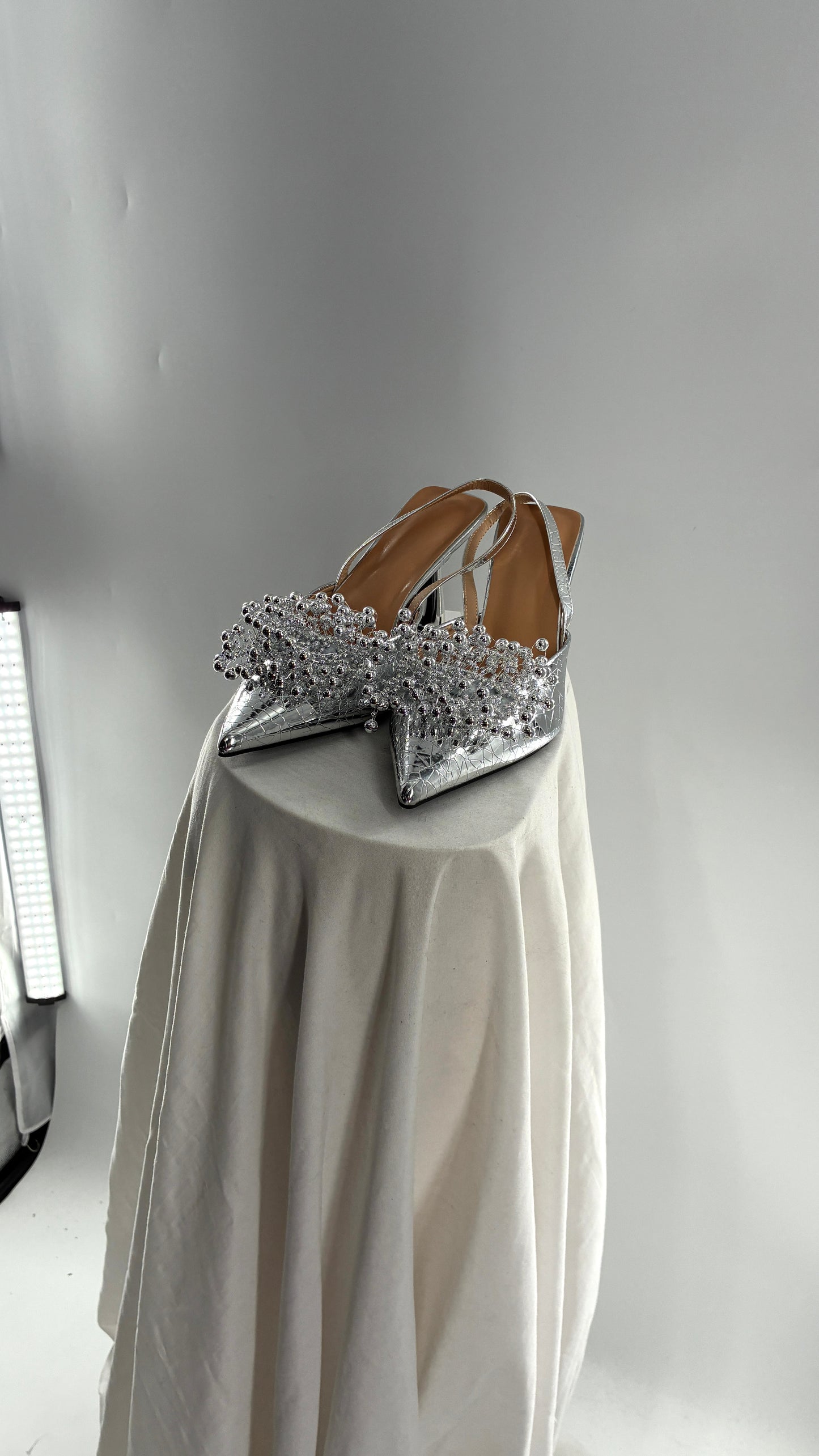 Chrome Silver Pointed Toe Slingback Kitten Heels with Abstract Detail (42)