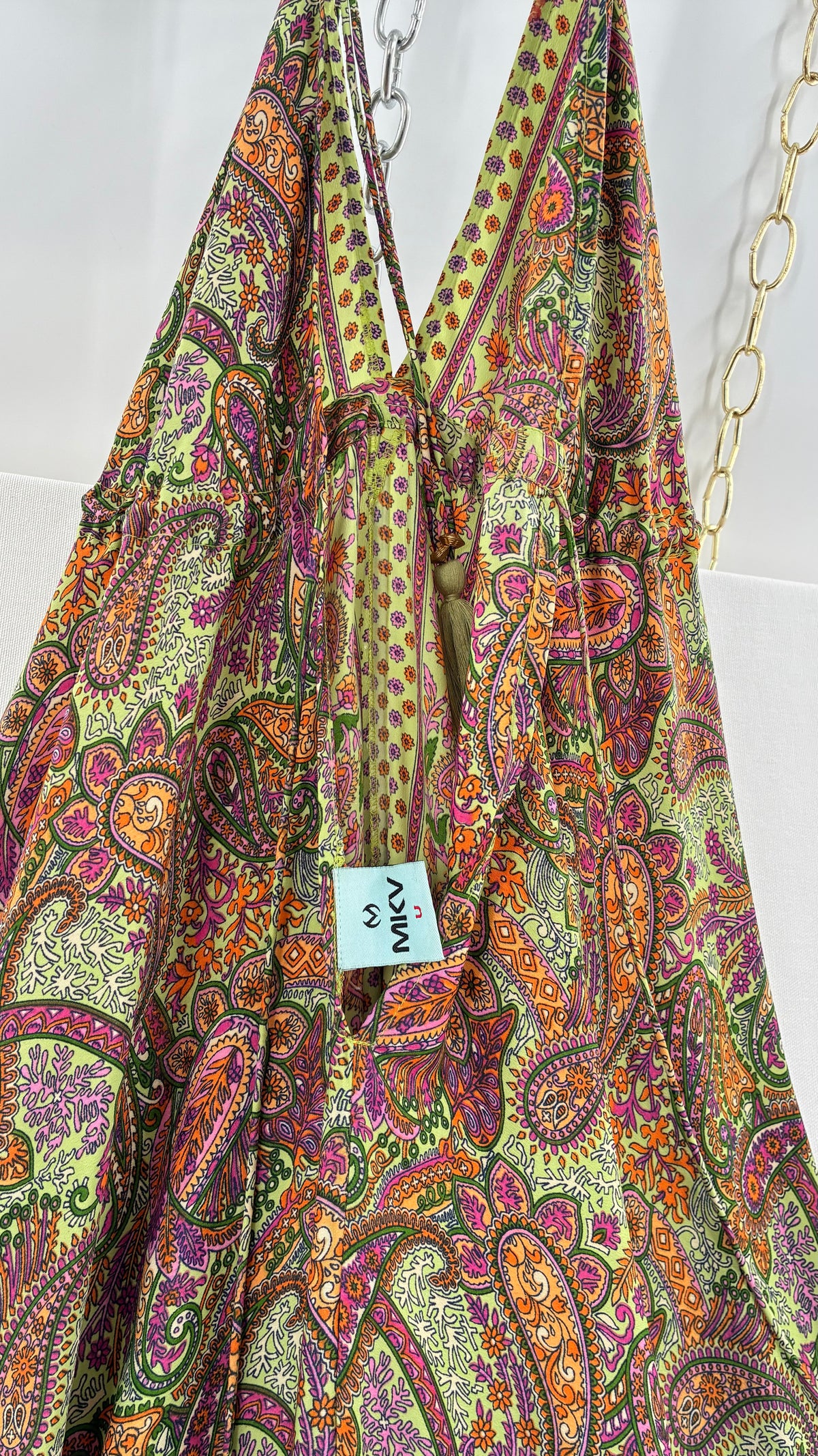 Vintage MIKV Paisley Patterned Flowy Full Length Gown with Low, Open Back Detail (OS)